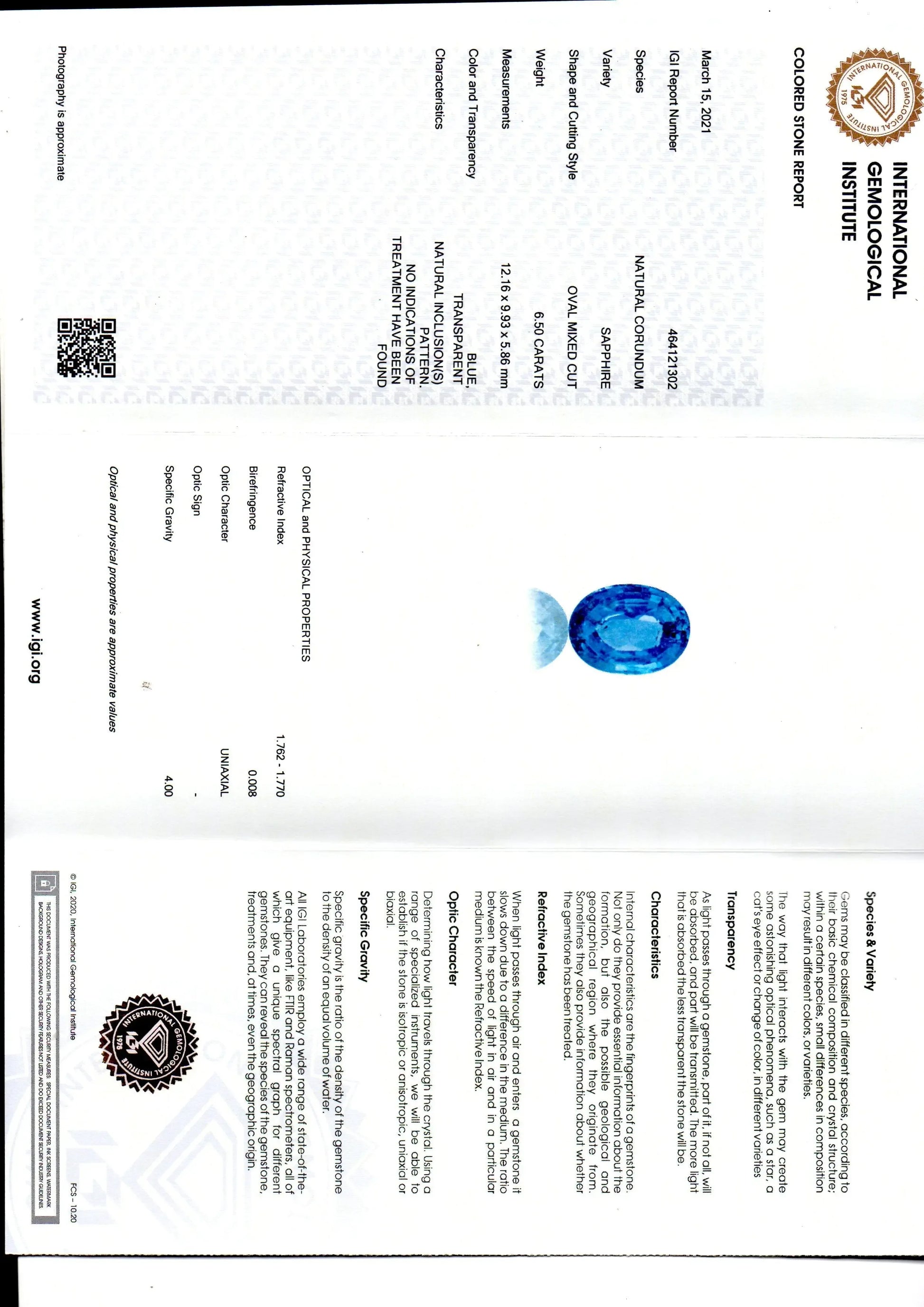 6.50 Ct IGI Certified Unheated Untreated Natural Ceylon Blue Sapphire - Venus Gems