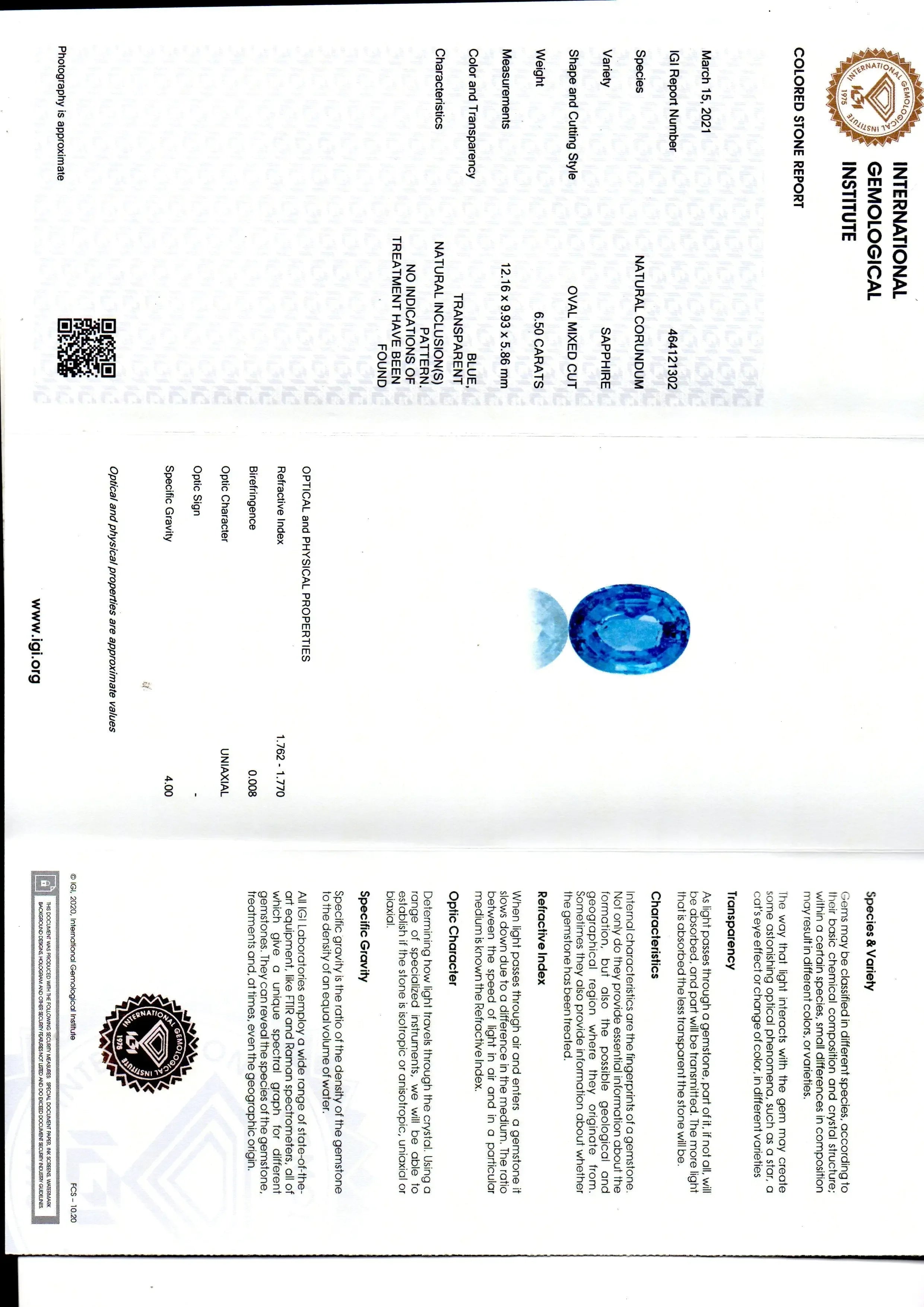 6.50 Ct IGI Certified Unheated Untreated Natural Ceylon Blue Sapphire - Venus Gems