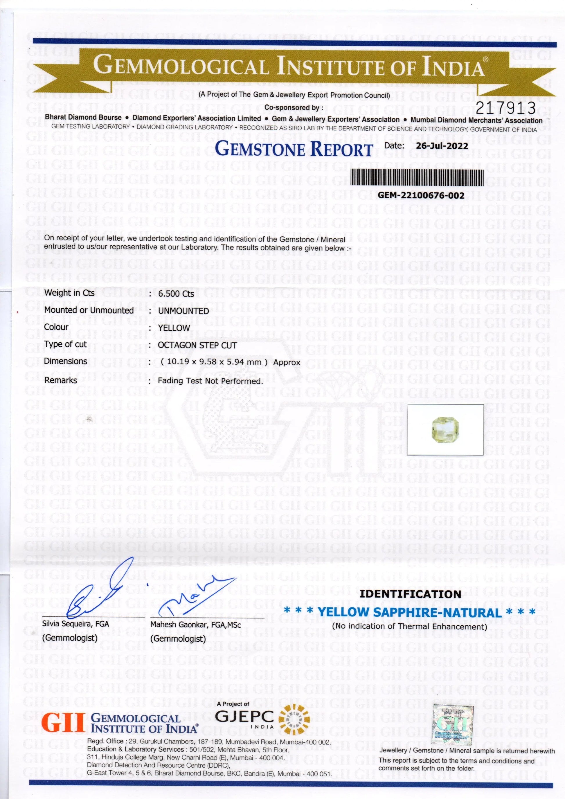 6.50 Ct GII Certified Unheated Untreated Natural Ceylon Yellow Sapphire