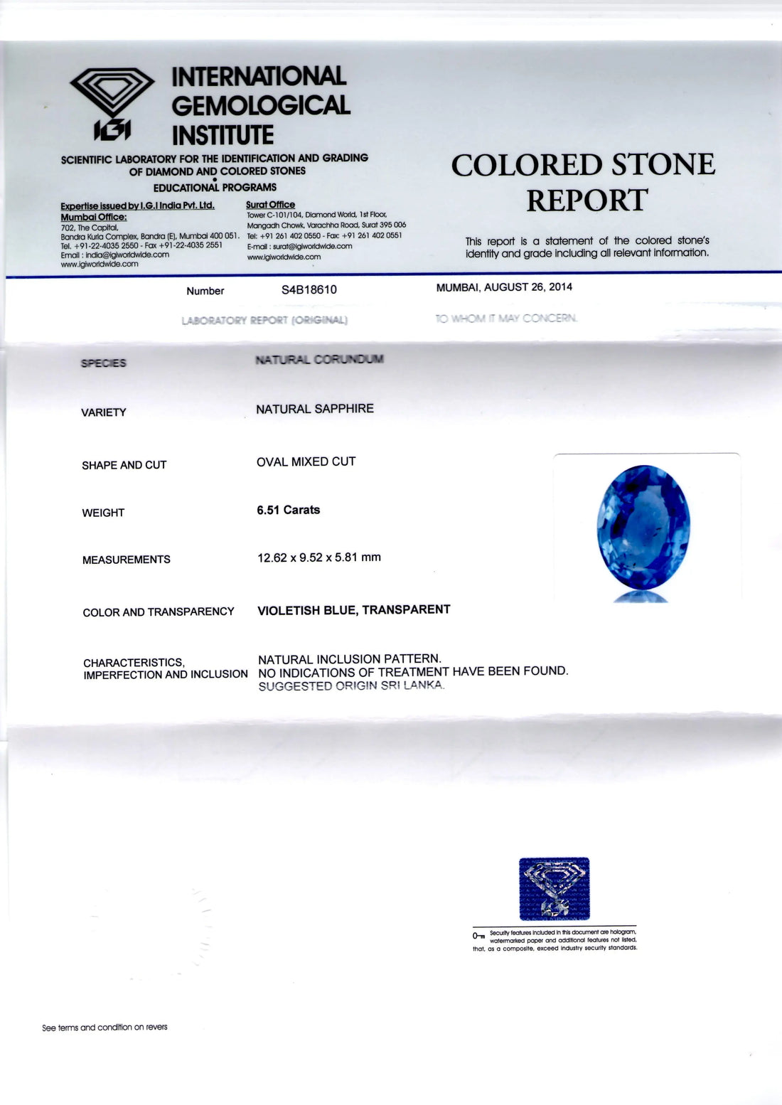 6.51 Ct IGI Certified Unheated Untreated Natural Ceylon Blue Sapphire