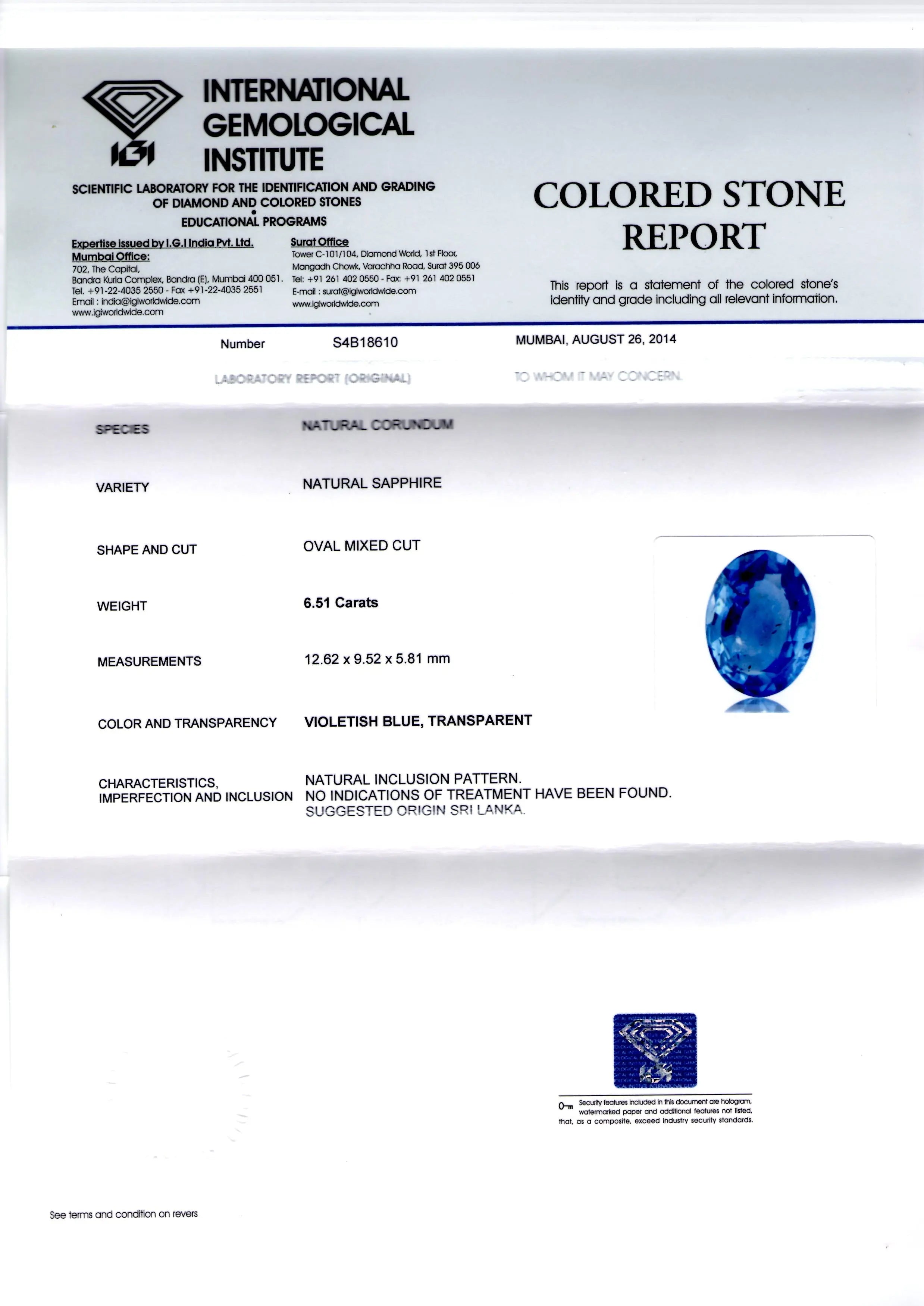 6.51 Ct IGI Certified Unheated Untreated Natural Ceylon Blue Sapphire