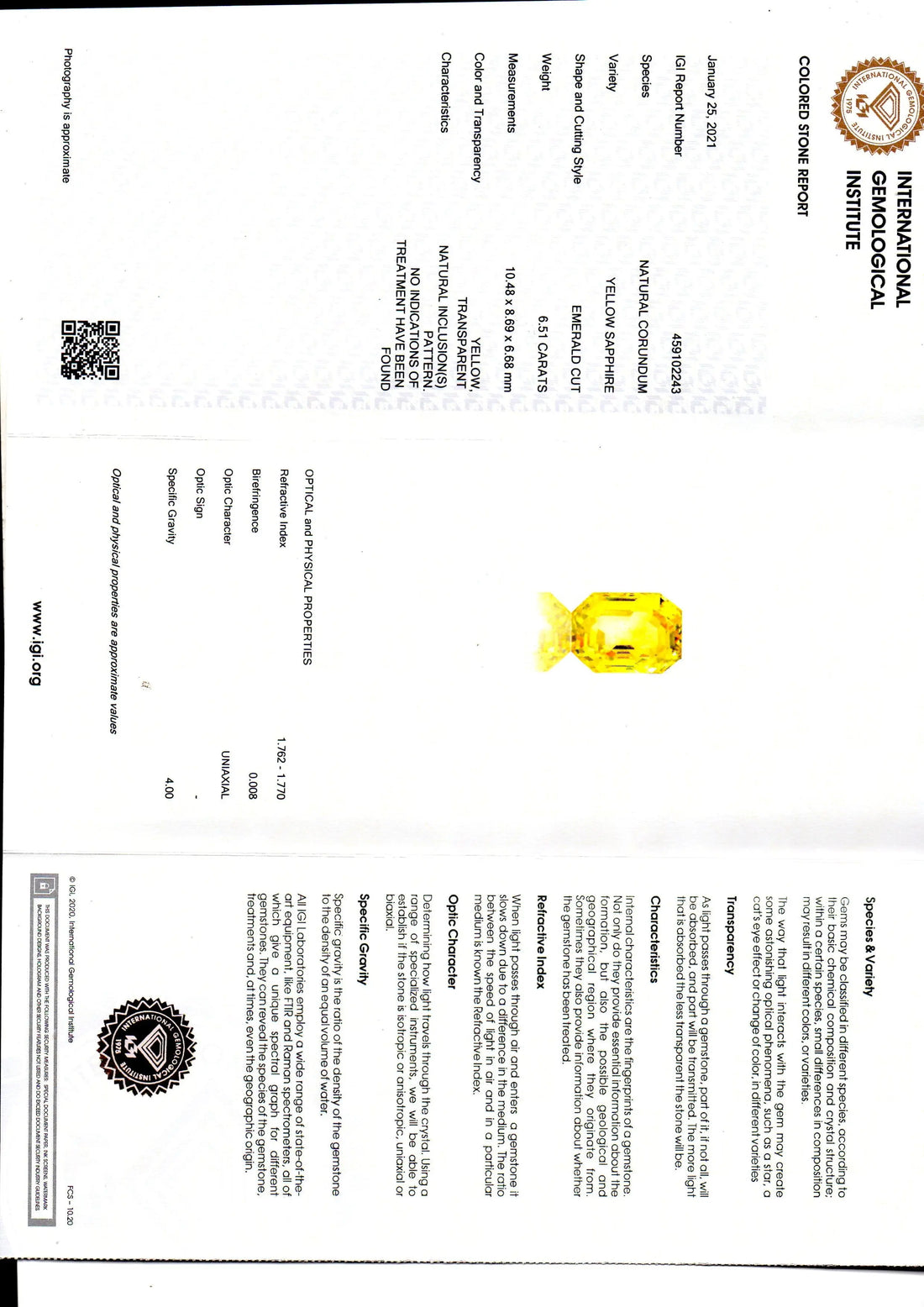 6.51 Ct IGI Certified Unheated Untreated Natural Ceylon Yellow Sapphire AAA