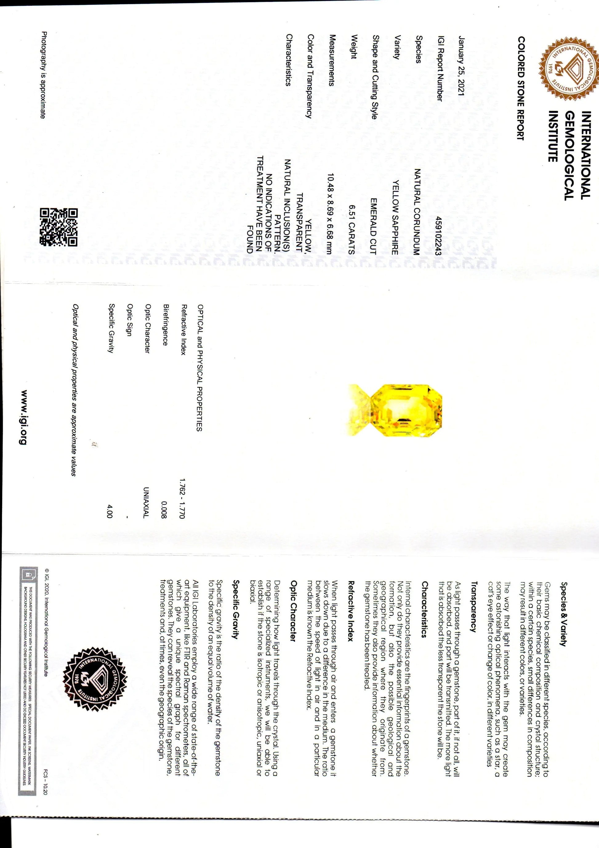 6.51 Ct IGI Certified Unheated Untreated Natural Ceylon Yellow Sapphire AAA