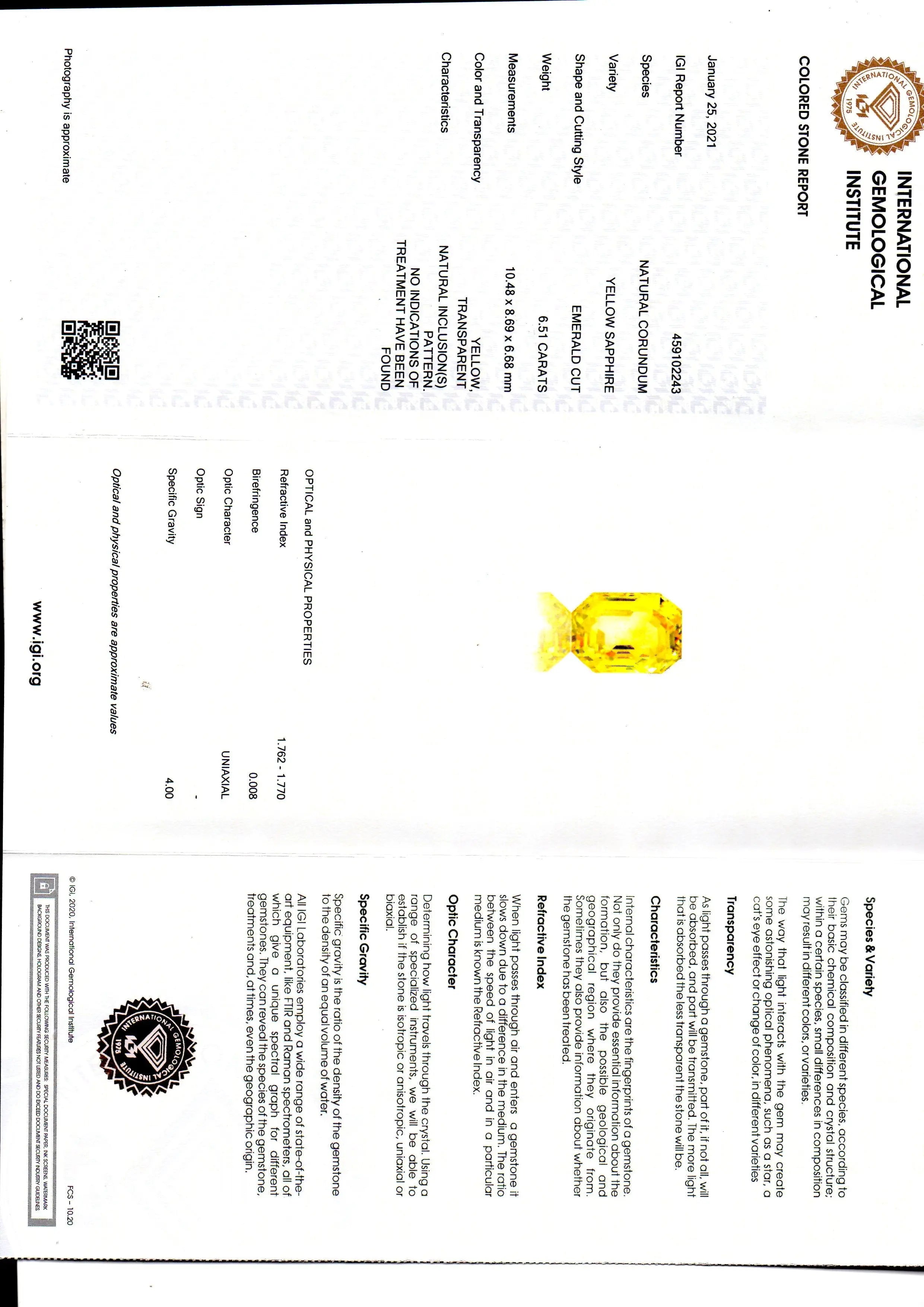 6.51 Ct IGI Certified Unheated Untreated Natural Ceylon Yellow Sapphire AAA