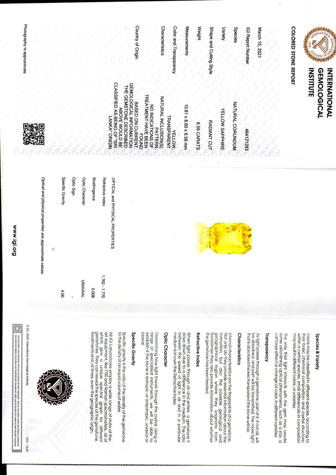 6.56 Ct IGI Certified Unheated Untreated Natural Ceylon Yellow Sapphire AAA