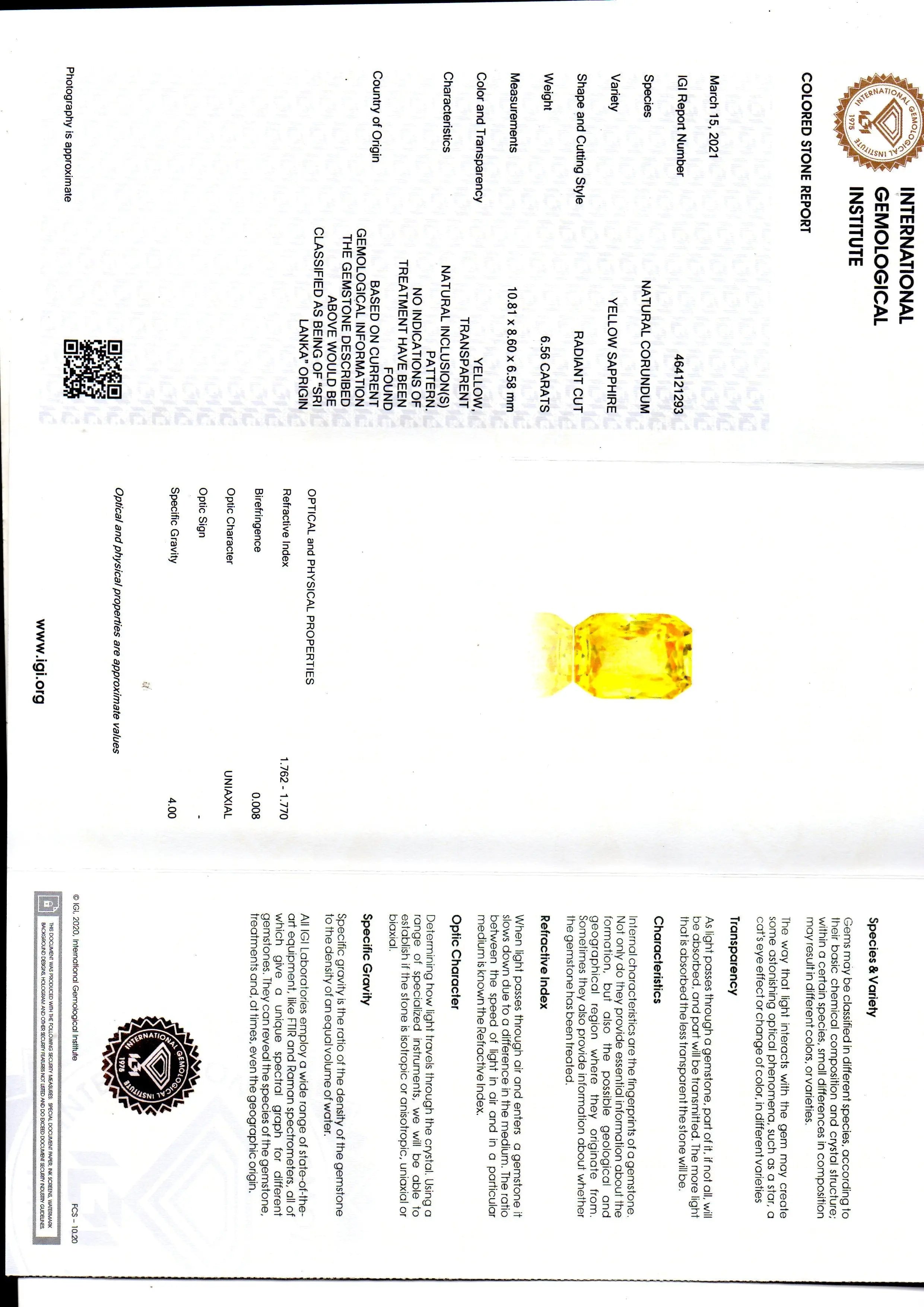 6.56 Ct IGI Certified Unheated Untreated Natural Ceylon Yellow Sapphire AAA