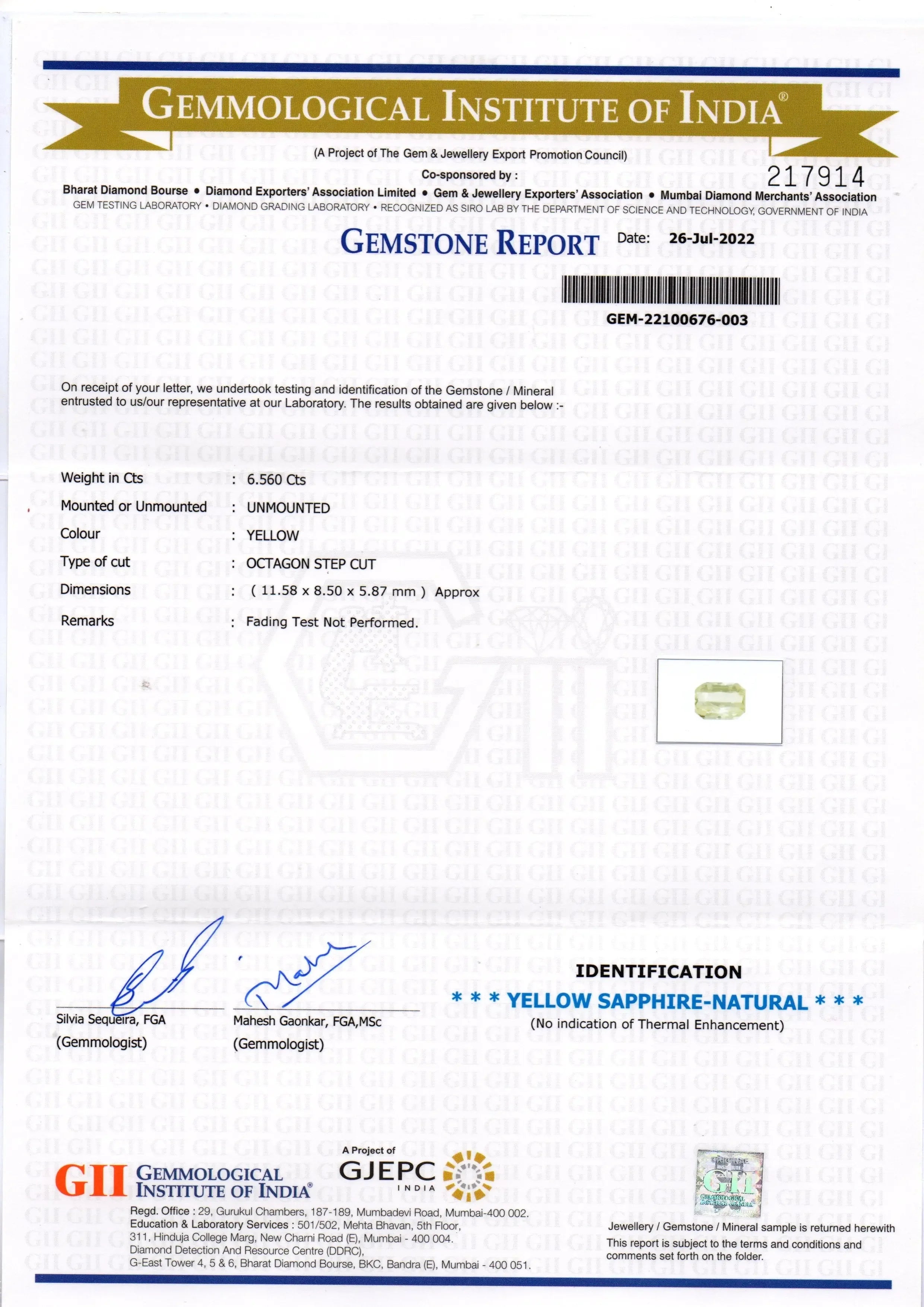 6.56 Ct GII Certified Unheated Untreated Natural Ceylon Yellow Sapphire - Venus Gems