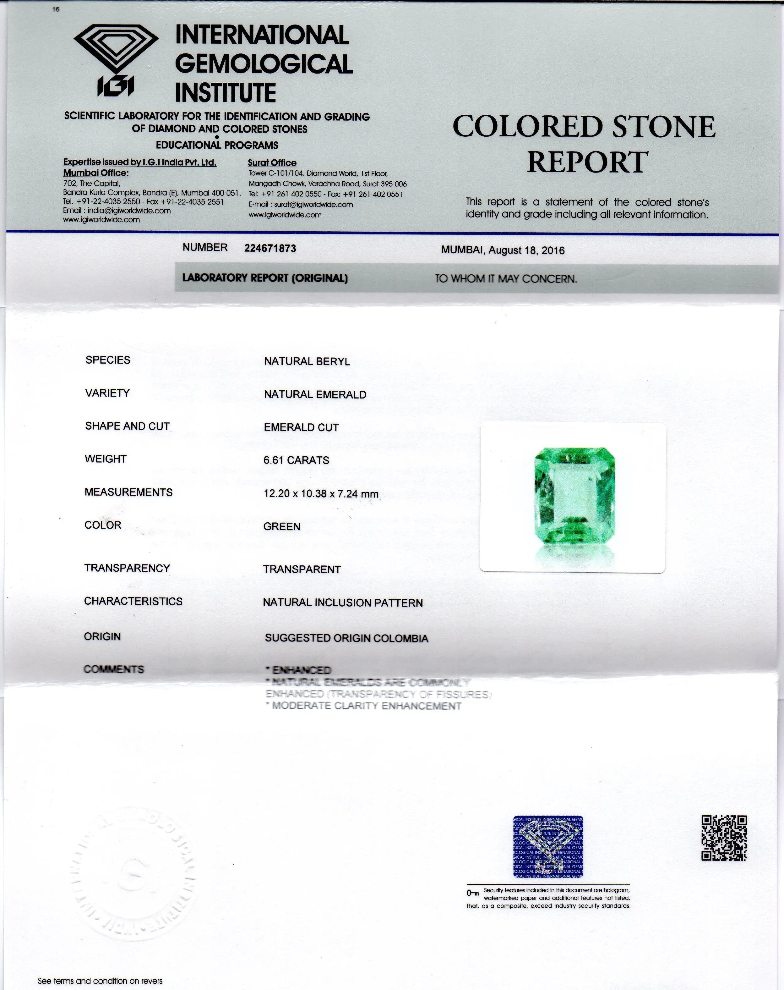 6.61 Ct Unheated Natural Colombian Emerald Gemstone **RARE**