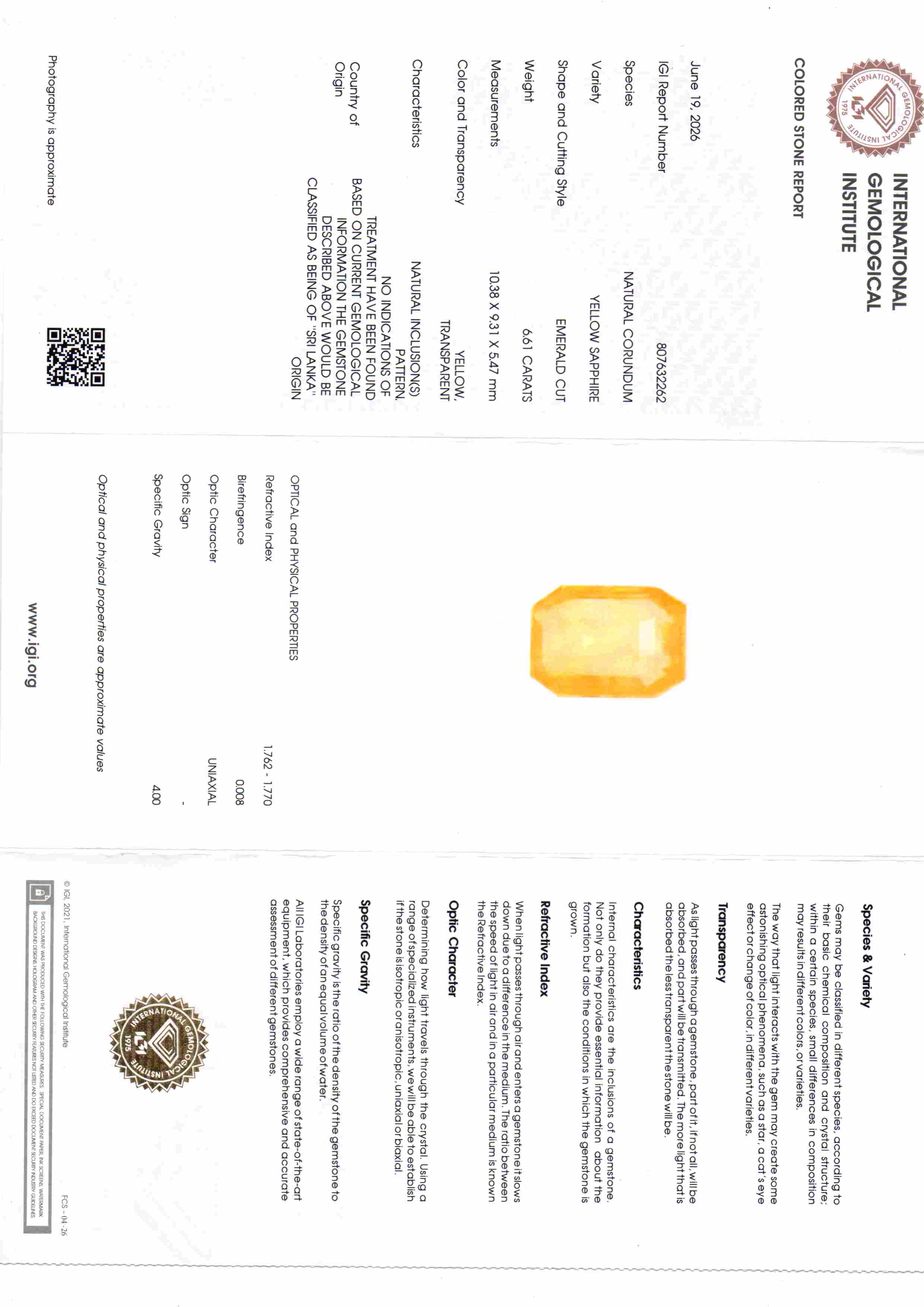 6.61 Ct IGI Certified Unheated Natural Ceylon Yellow Sapphire Pukhraj – 7.25 Ratti