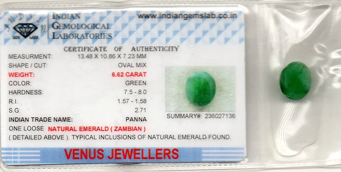 6.62 Ct Certified Untreated Natural Zambian Emerald Panna Gemstone