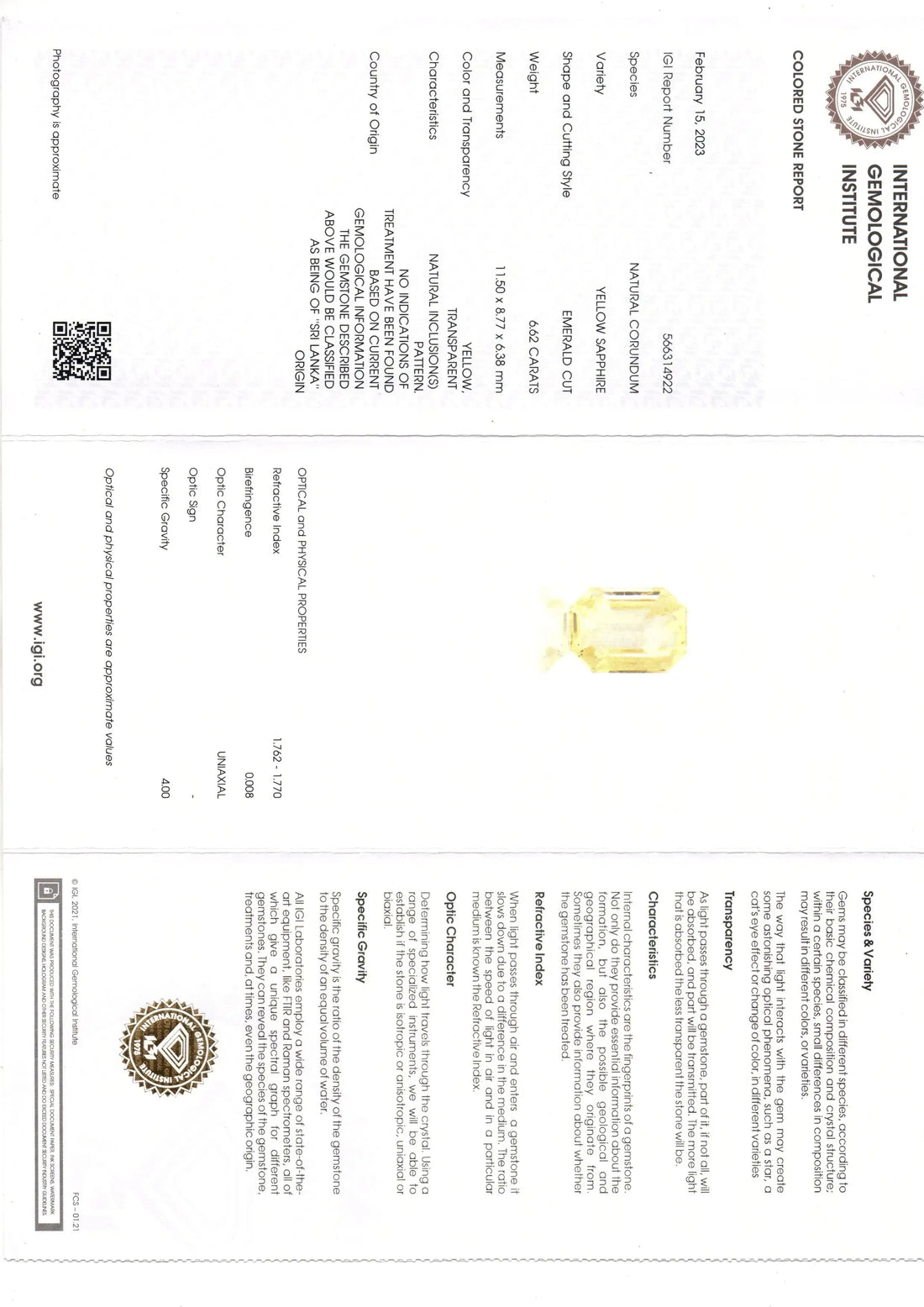 6.62 Ct IGI Certified Unheated Untreated Natural Ceylon Yellow Sapphire AA - Venus Gems