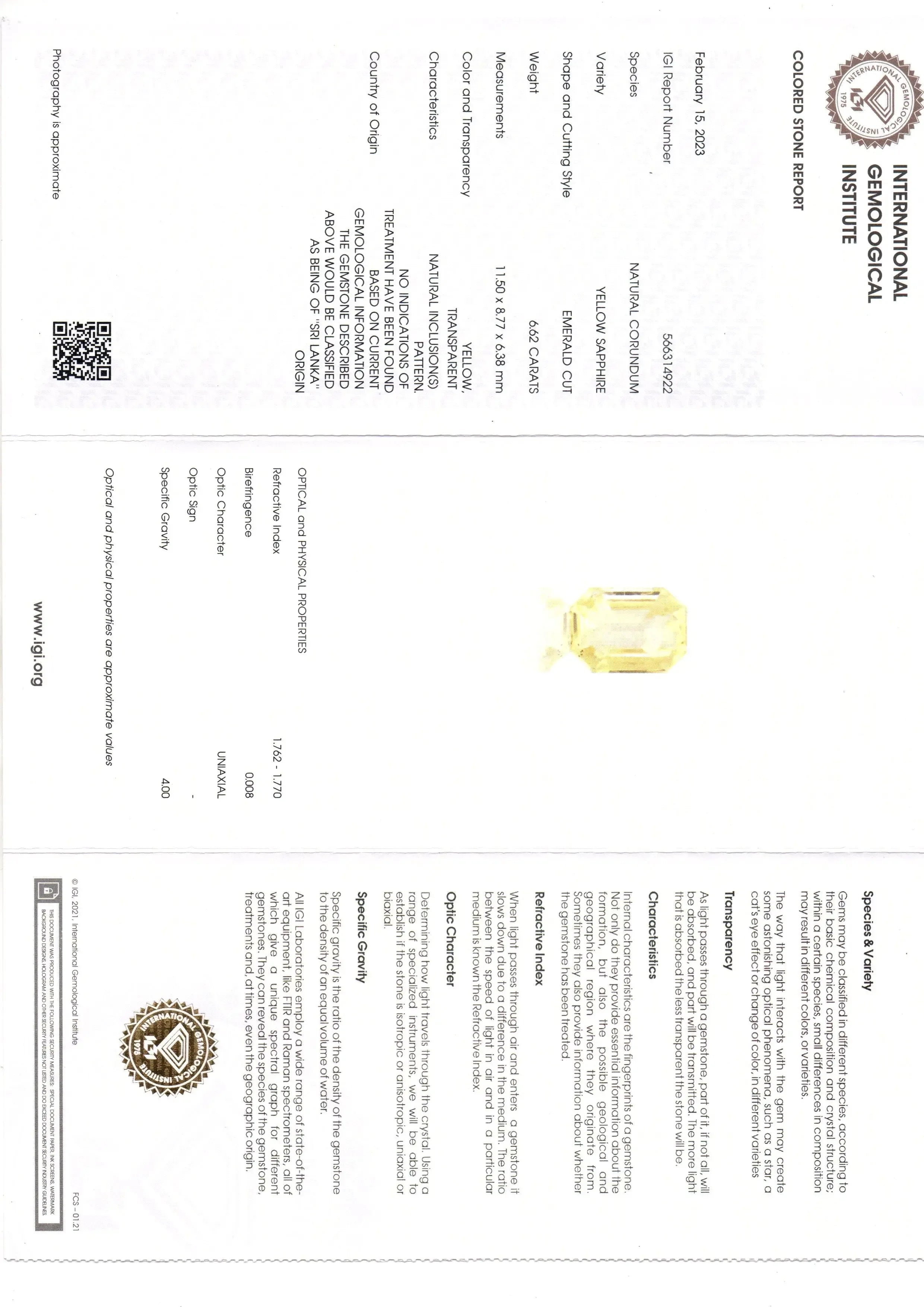 6.62 Ct IGI Certified Unheated Untreated Natural Ceylon Yellow Sapphire AA - Venus Gems