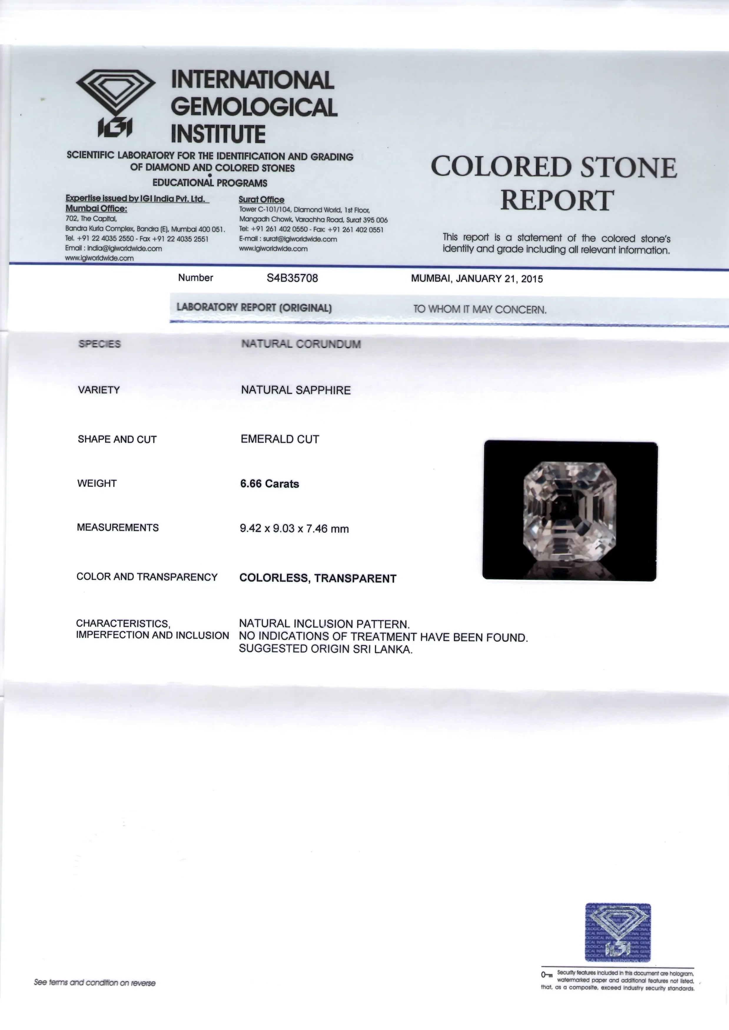 6.66 Ct IGI Certified Unheated Untreated Natural Premium White Sapphire AAA - Venus Gems