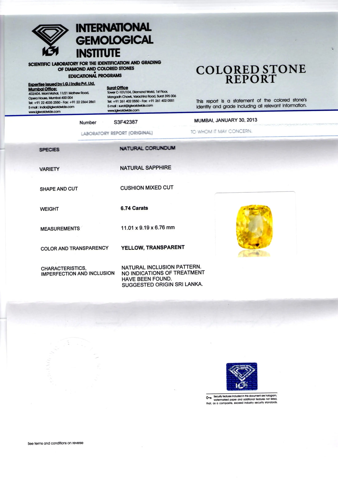 6.74 Ct Unheated Untreated Natural Ceylon Yellow Sapphire/Pukhraj *IGI* AAAAA