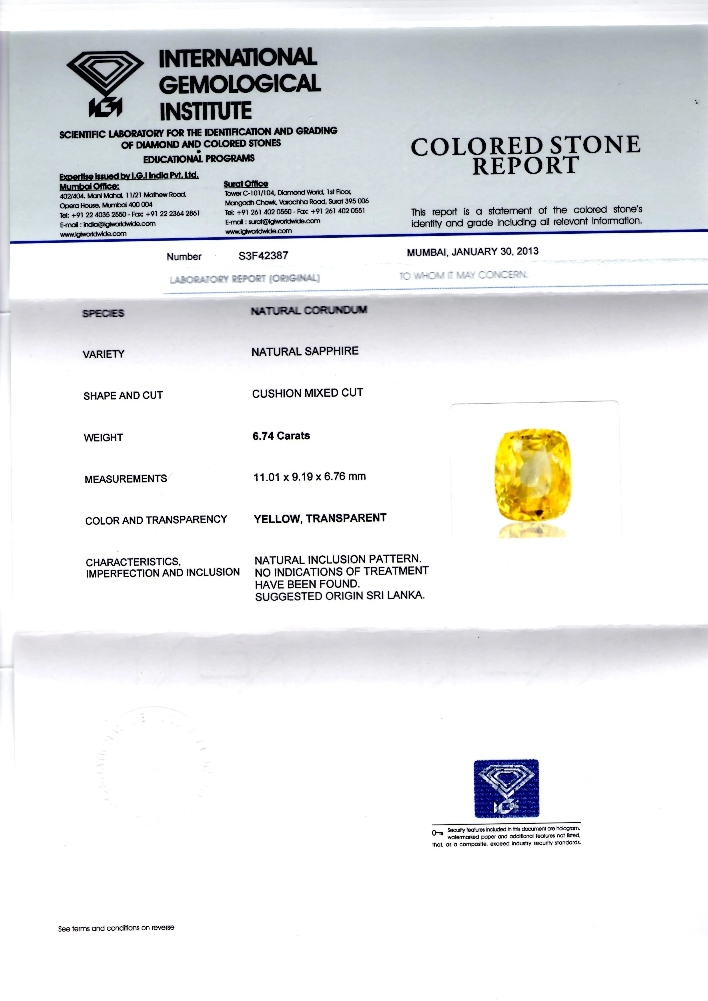6.74 Ct Unheated Untreated Natural Ceylon Yellow Sapphire/Pukhraj *IGI* AAAAA