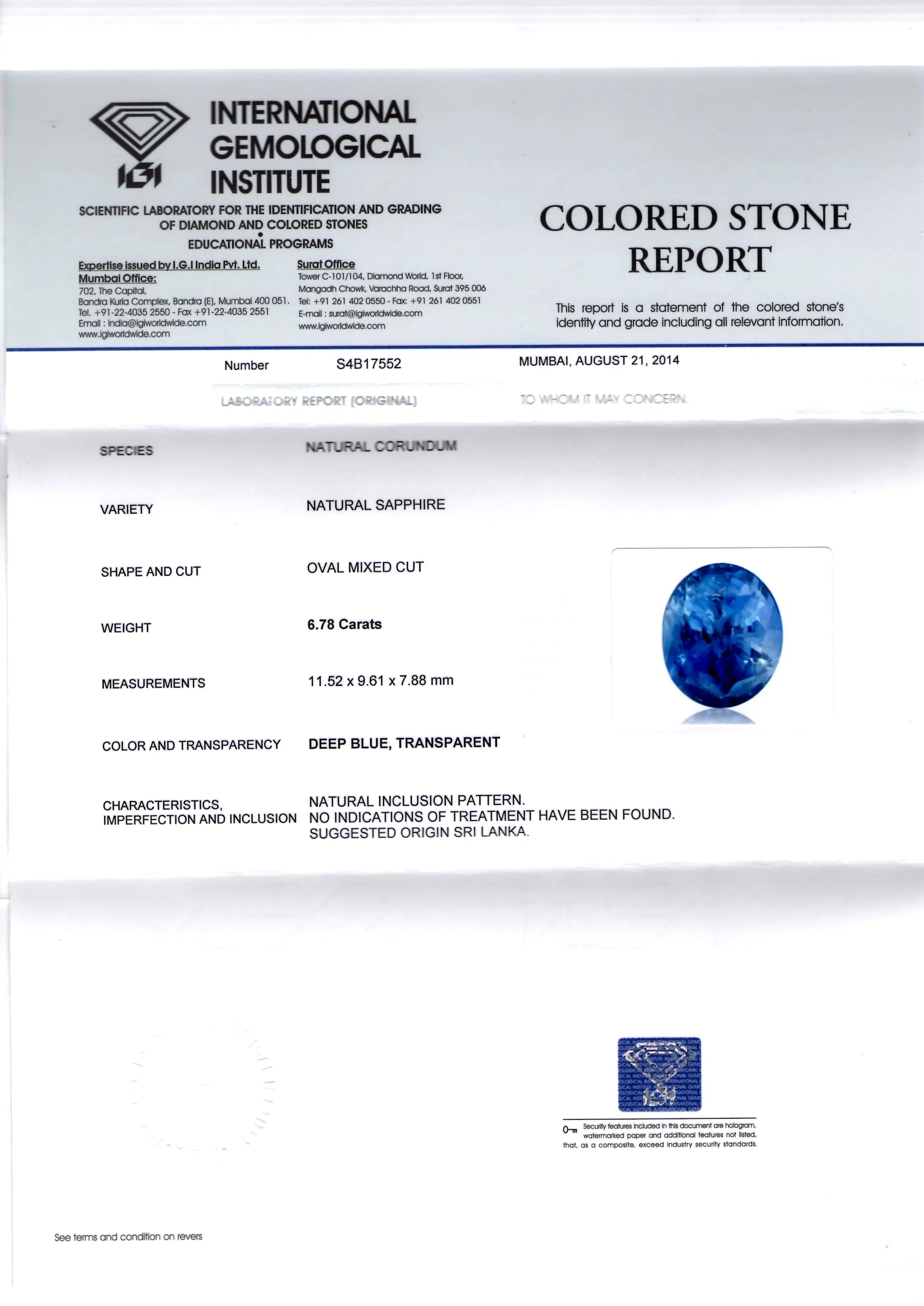 6.78 Ct IGI Certified Unheated Untreated Natural Ceylon Blue Sapphire