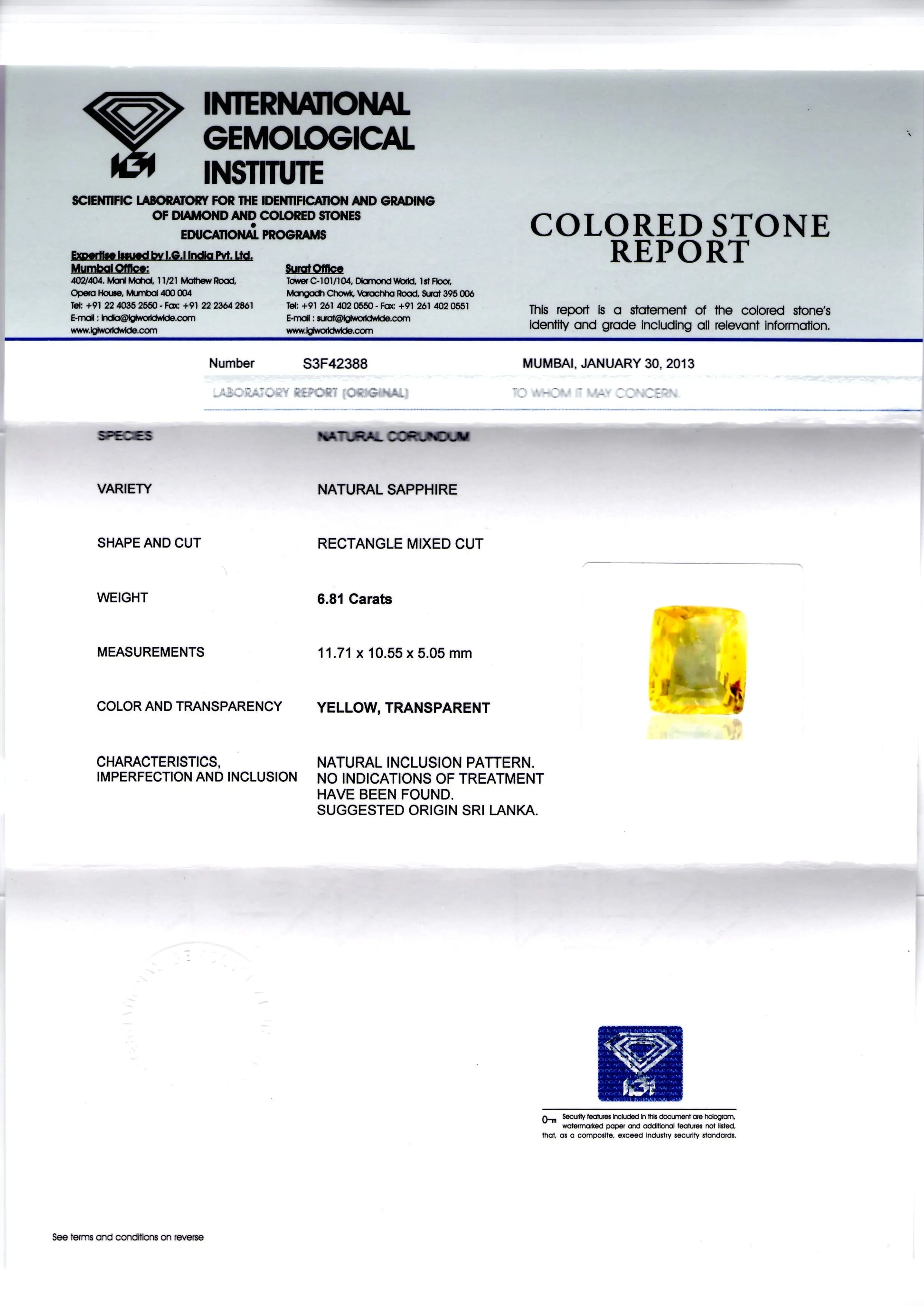 6.81 Ct Unheated Untreated IGI Certified Natural Ceylon Yellow Sapphire AAA