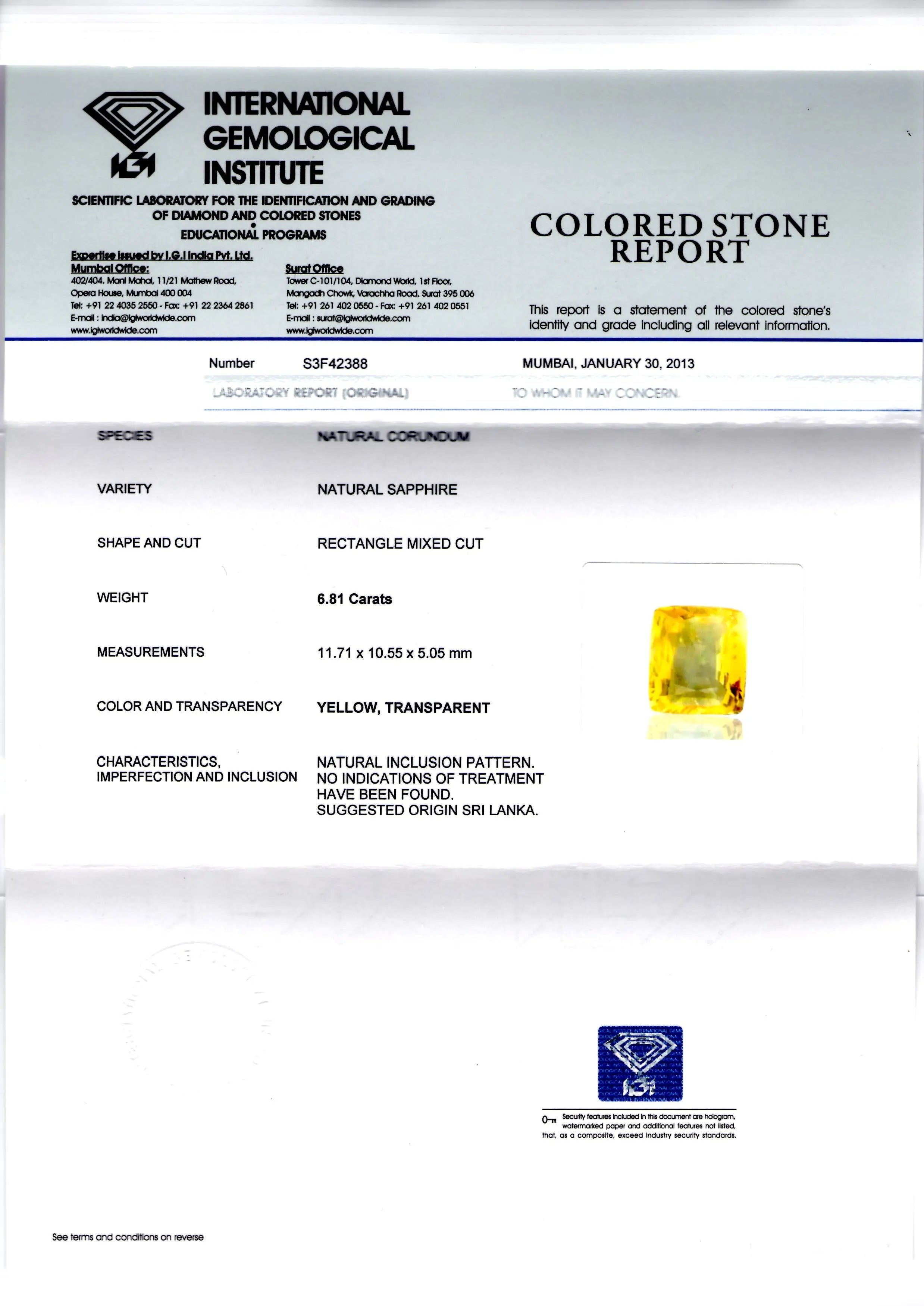 6.81 Ct Unheated Untreated IGI Certified Natural Ceylon Yellow Sapphire AAA