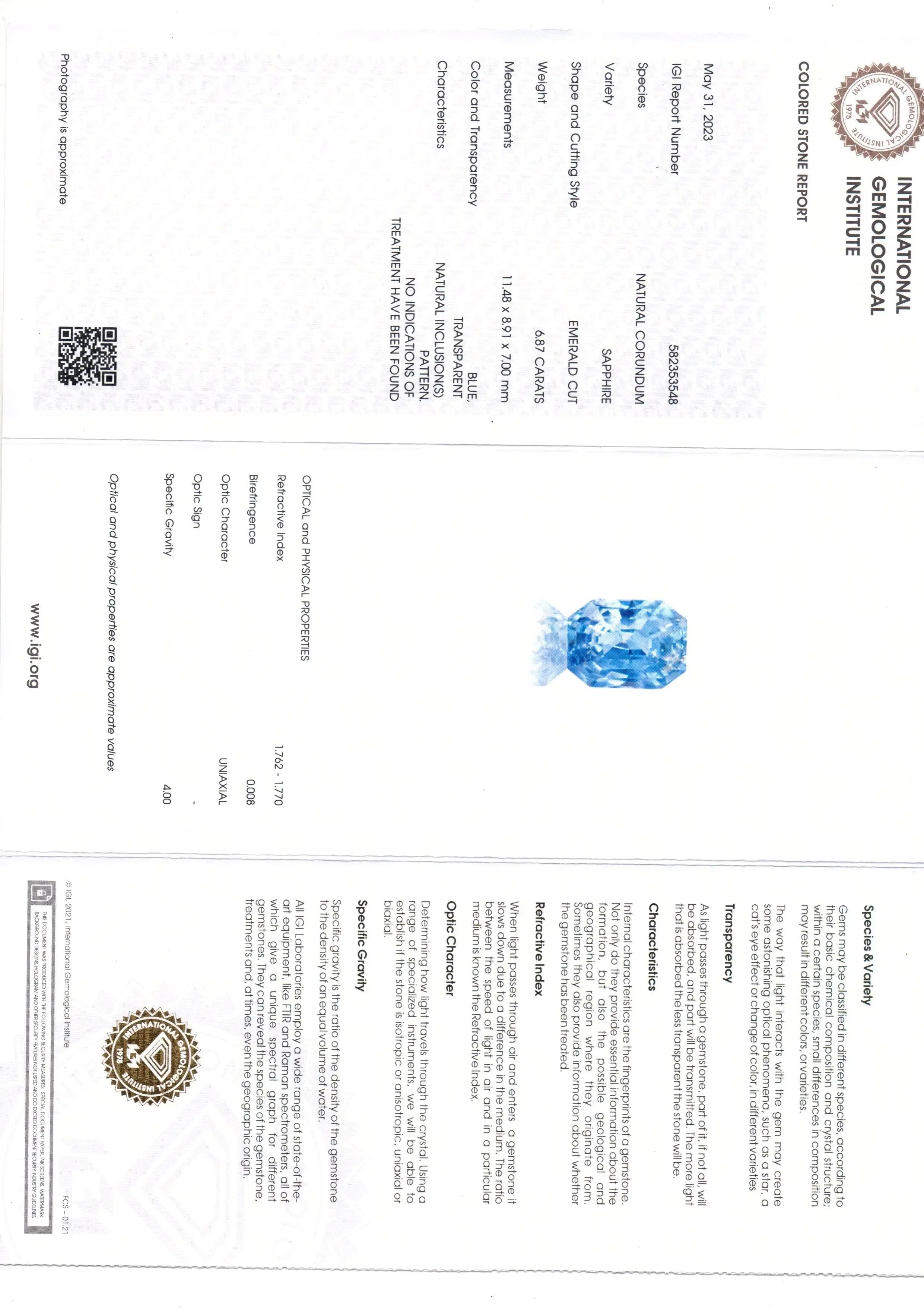 6.87 Ct IGI Certified Unheated Untreated Natural Ceylon Blue Sapphire AA - Venus Gems