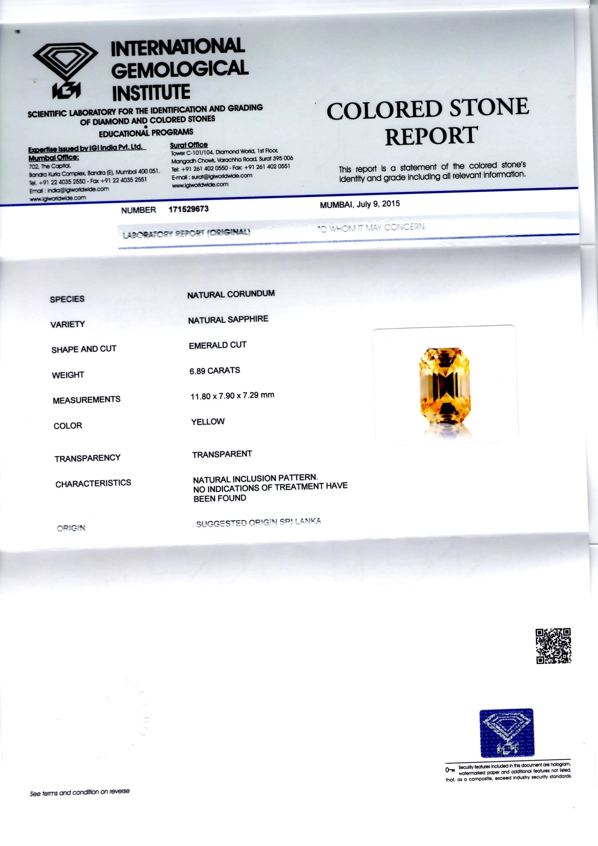 6.89 Ct IGI Certified Unheated Natural Ceylon Yellow Sapphire AAAAA