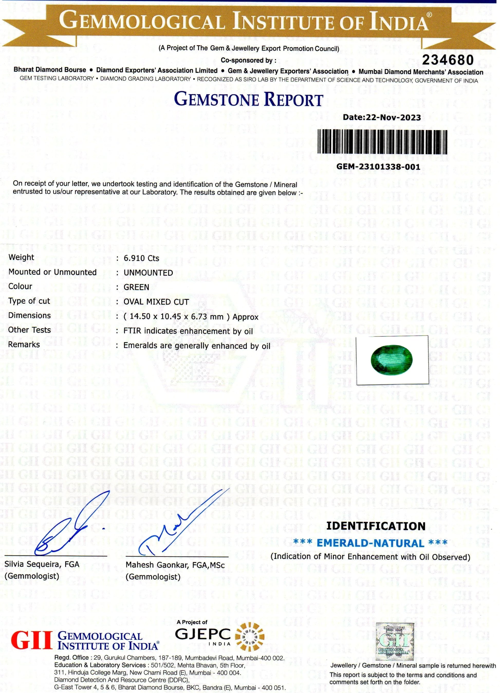 6.91 Ct GII Certified Untreated Natural Zambian Emerald Panna Gems - Venus Gems
