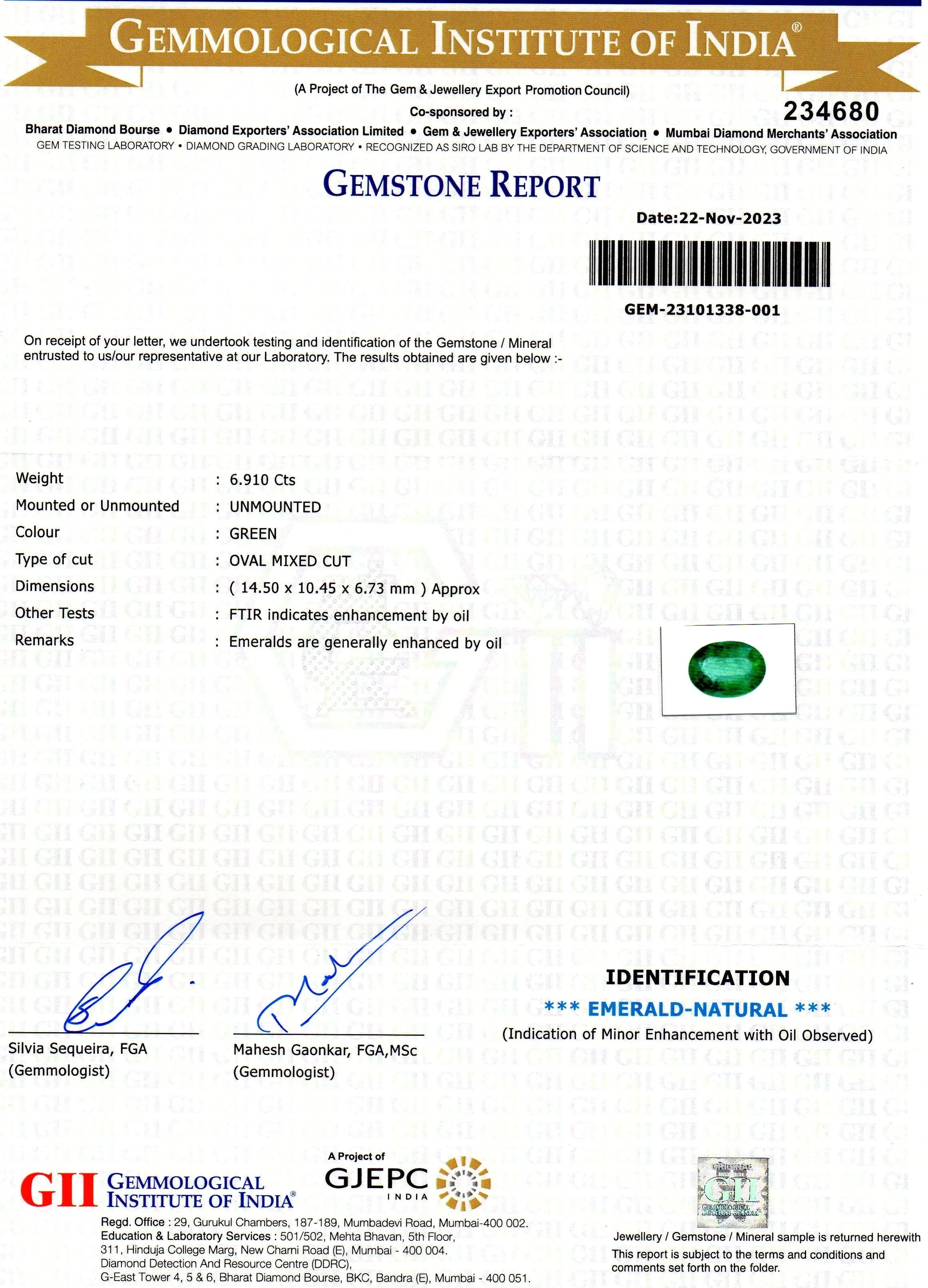 6.91 Ct GII Certified Untreated Natural Zambian Emerald Panna Gems - Venus Gems