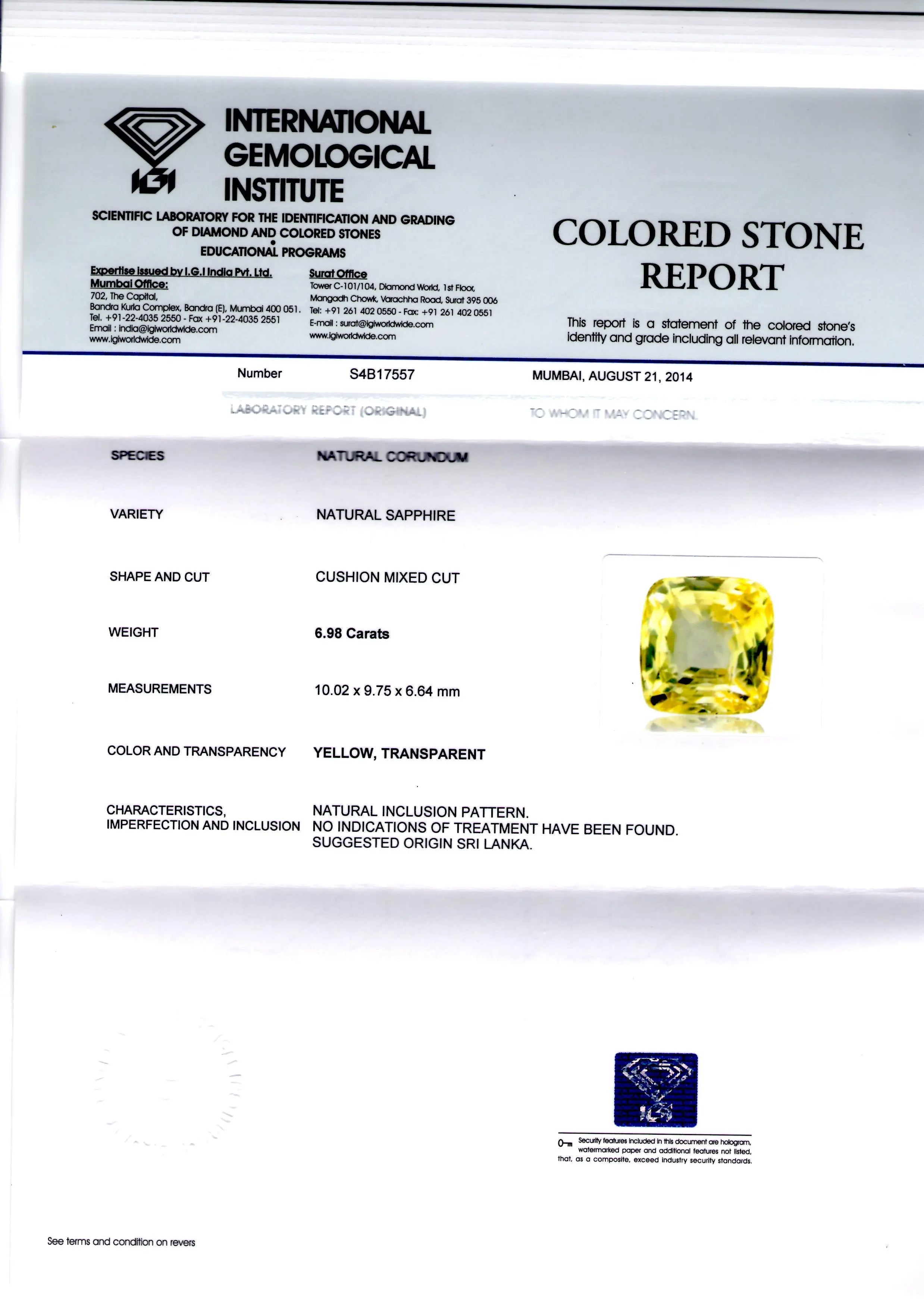6.98 Ct Unheated Untreated Natural Ceylon Yellow Sapphire/Pukhraj AA