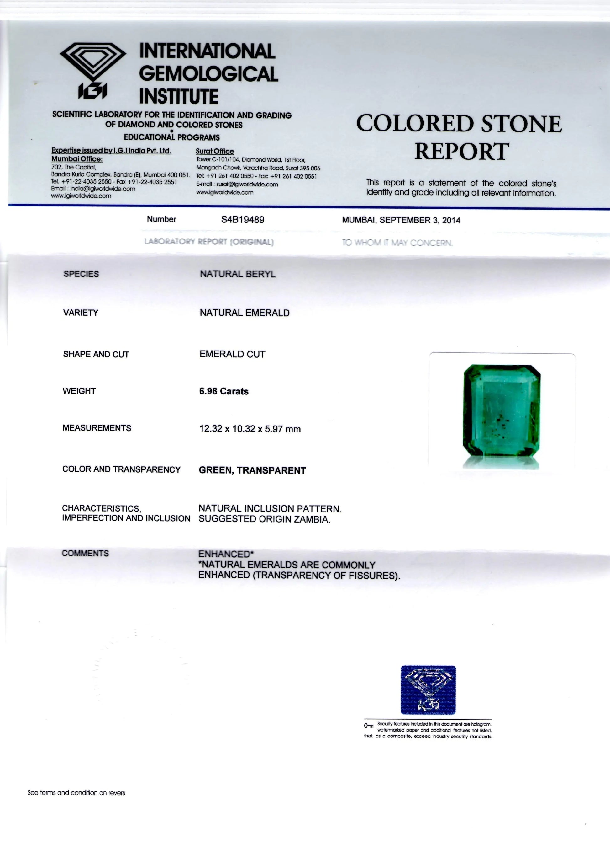 6.98 Ct Certified Unheated Natural Zambian Emerald Gemstone AAA