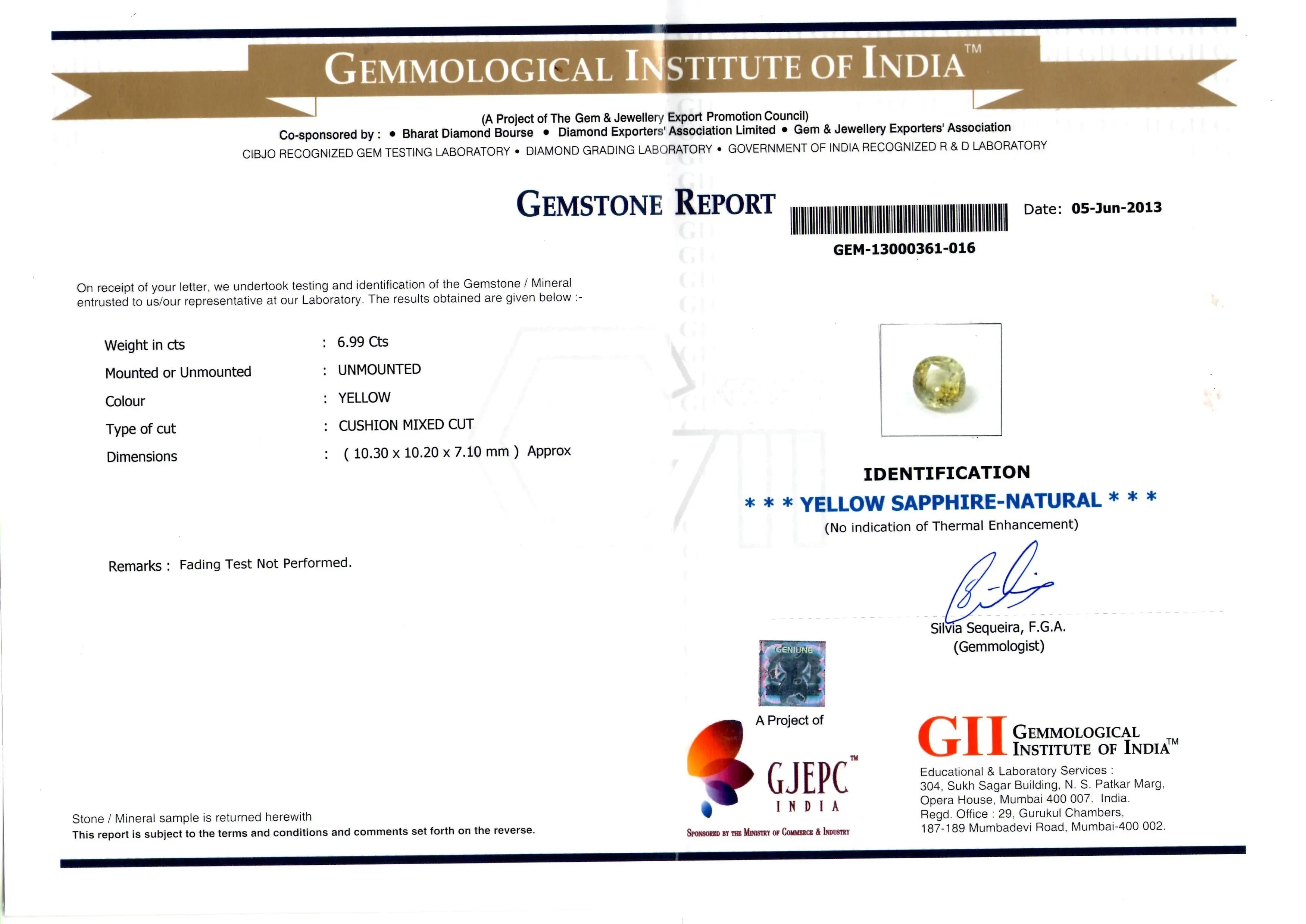 6.99 Ct Certified Unheated Untreated Natural Ceylon Yellow Sapphire