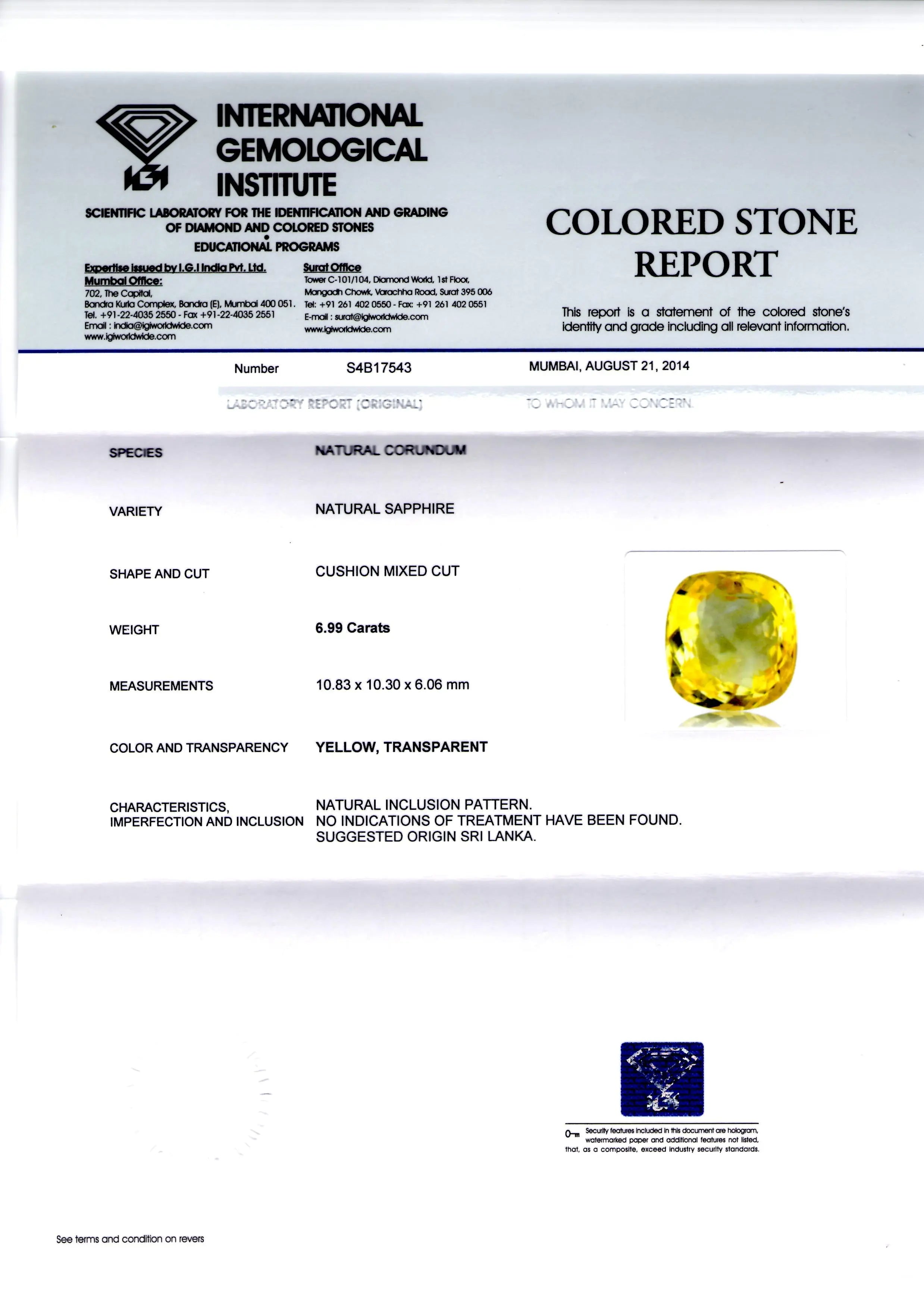 6.99 Ct Unheated Untreated Natural Ceylon Yellow Sapphire/Pukhraj AA