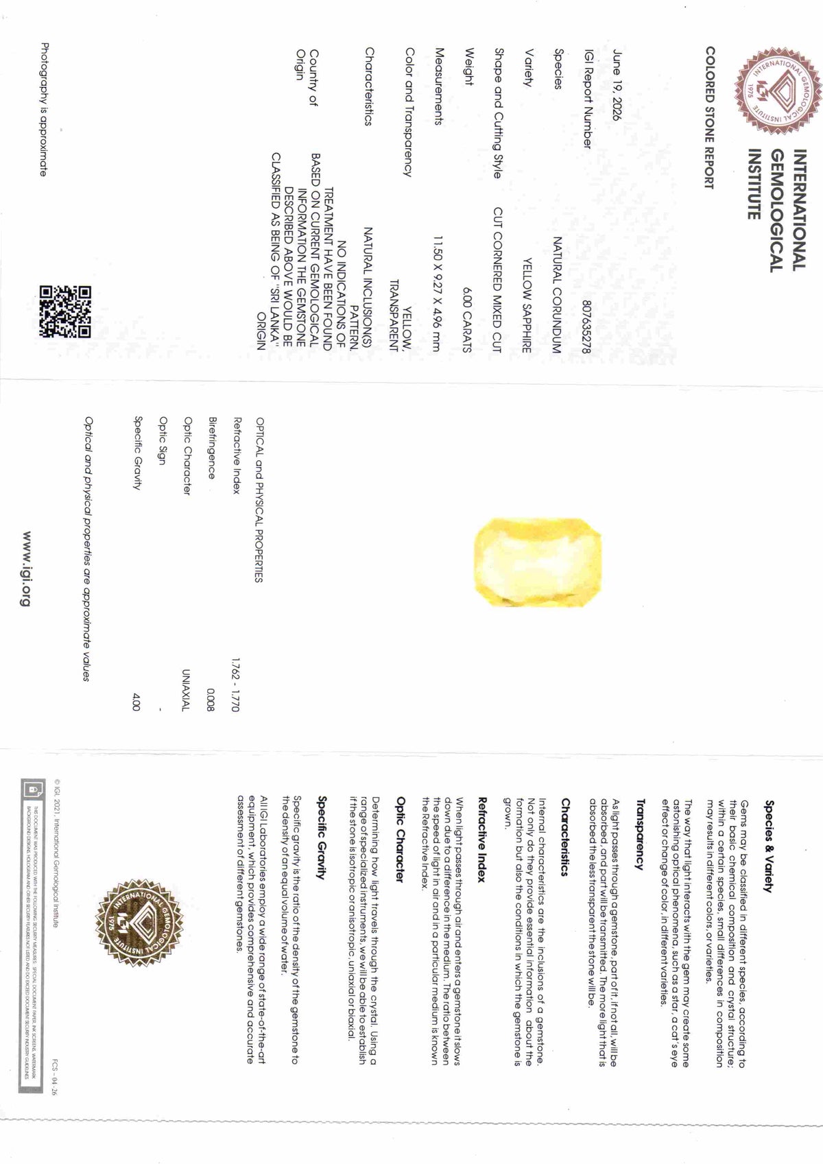 IGI certified report for a 6.00 Ct unheated natural Ceylon yellow sapphire, showcasing the gemstone's details and specificati