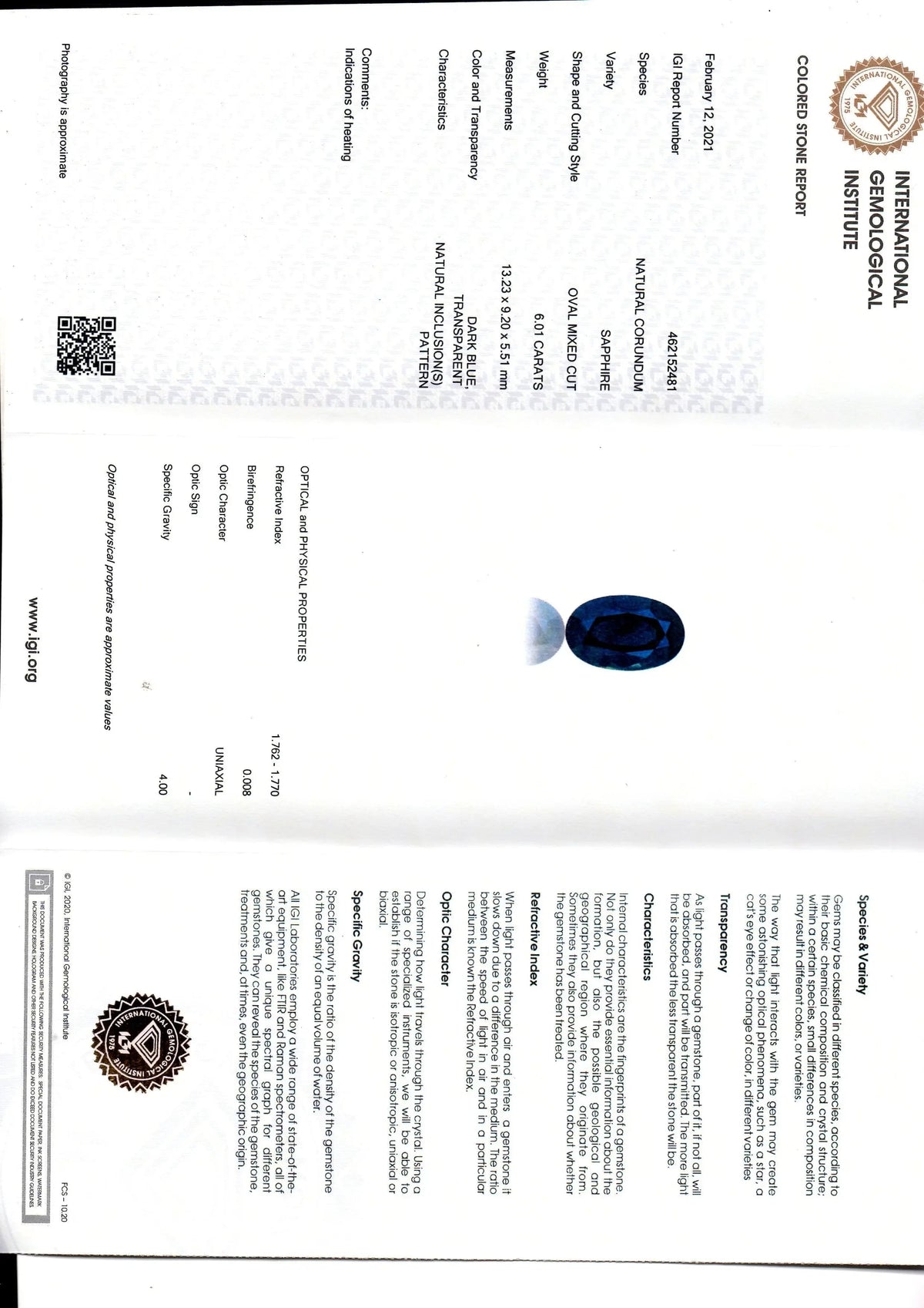 6.01 Ct IGI Certified Untreated Natural Ceylon Deep Blue Sapphire - Venus Gems