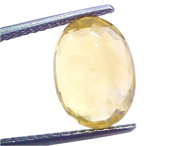 6.13 Ct IGI Certified Unheated Natural Ceylon Yellow Sapphire Pukhraj, oval cut, displayed in tweezers against a light backgr