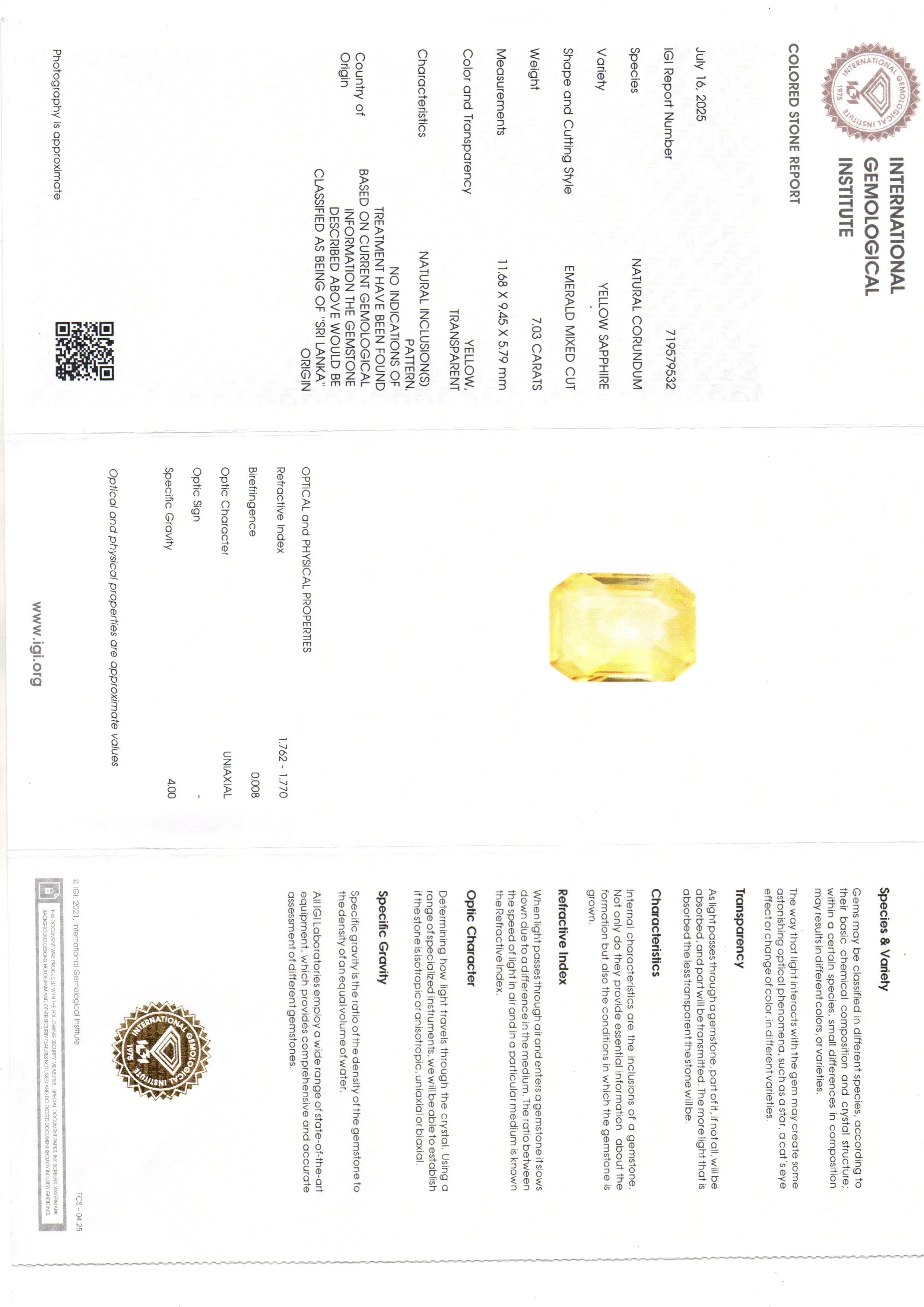 7.03 Ct IGI Certified Unheated Untreated Natural Ceylon Yellow Sapphire - Venus Gems