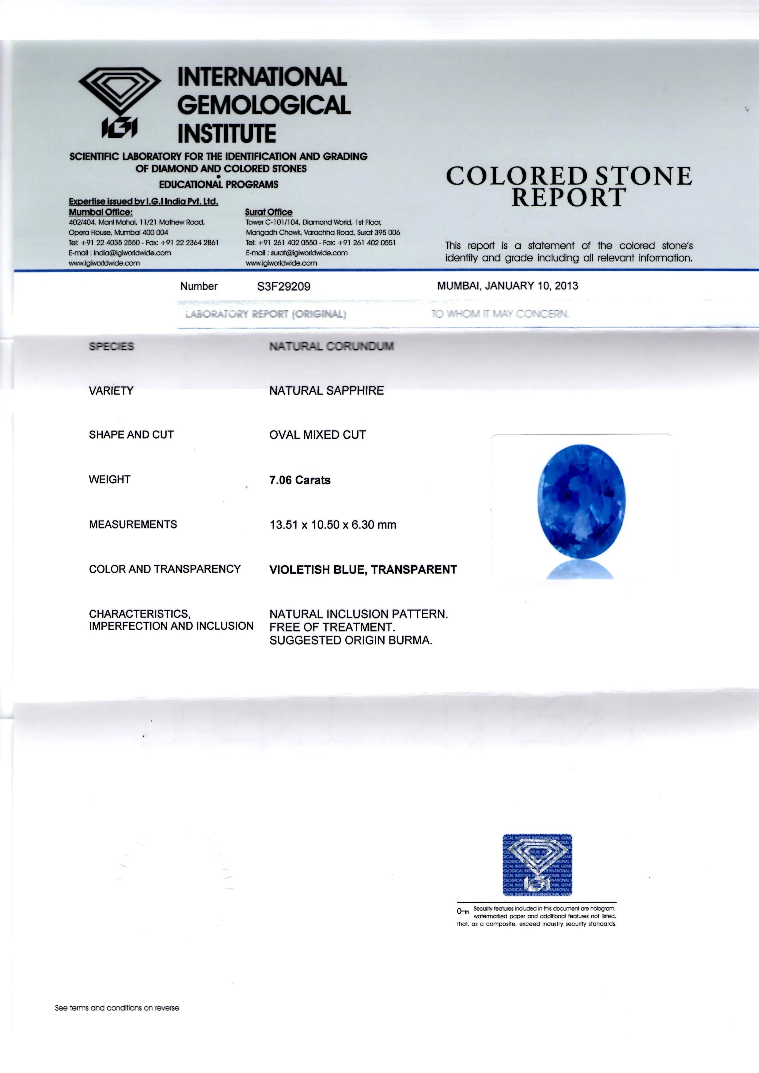 7.06 Ct Unheated Natural Burma Blue Sapphire AAA IGI Certified *Rare*