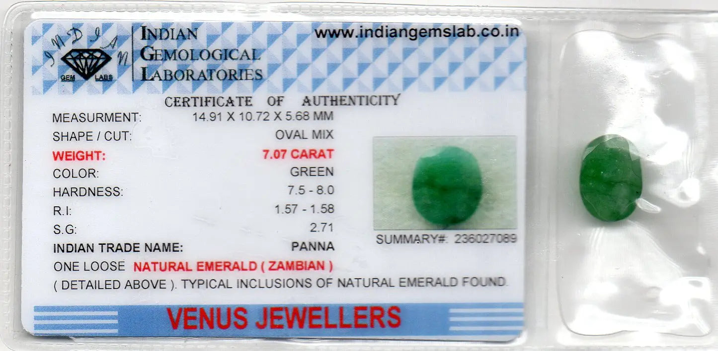 7.07 Ct Certified Untreated Natural Zambian Emerald Panna Gemstone