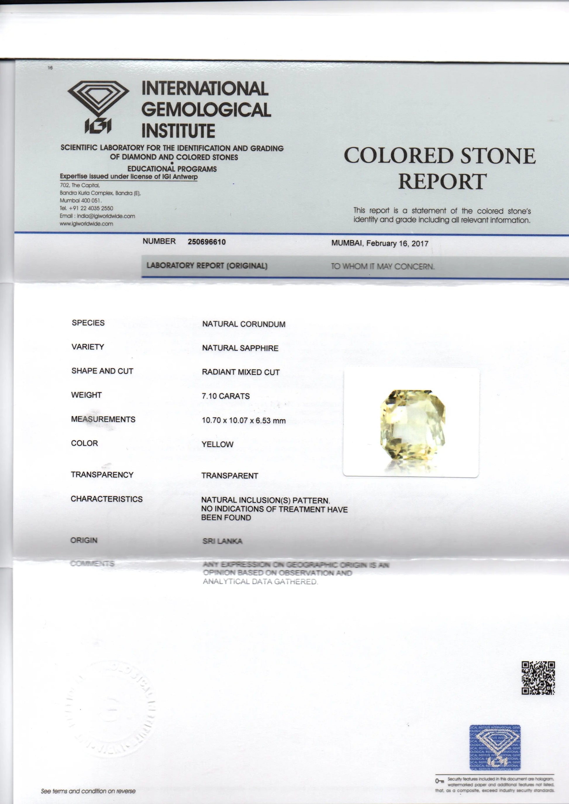 7.10 Ct Unheated Untreated Natural Ceylon Yellow Sapphire Gemstone