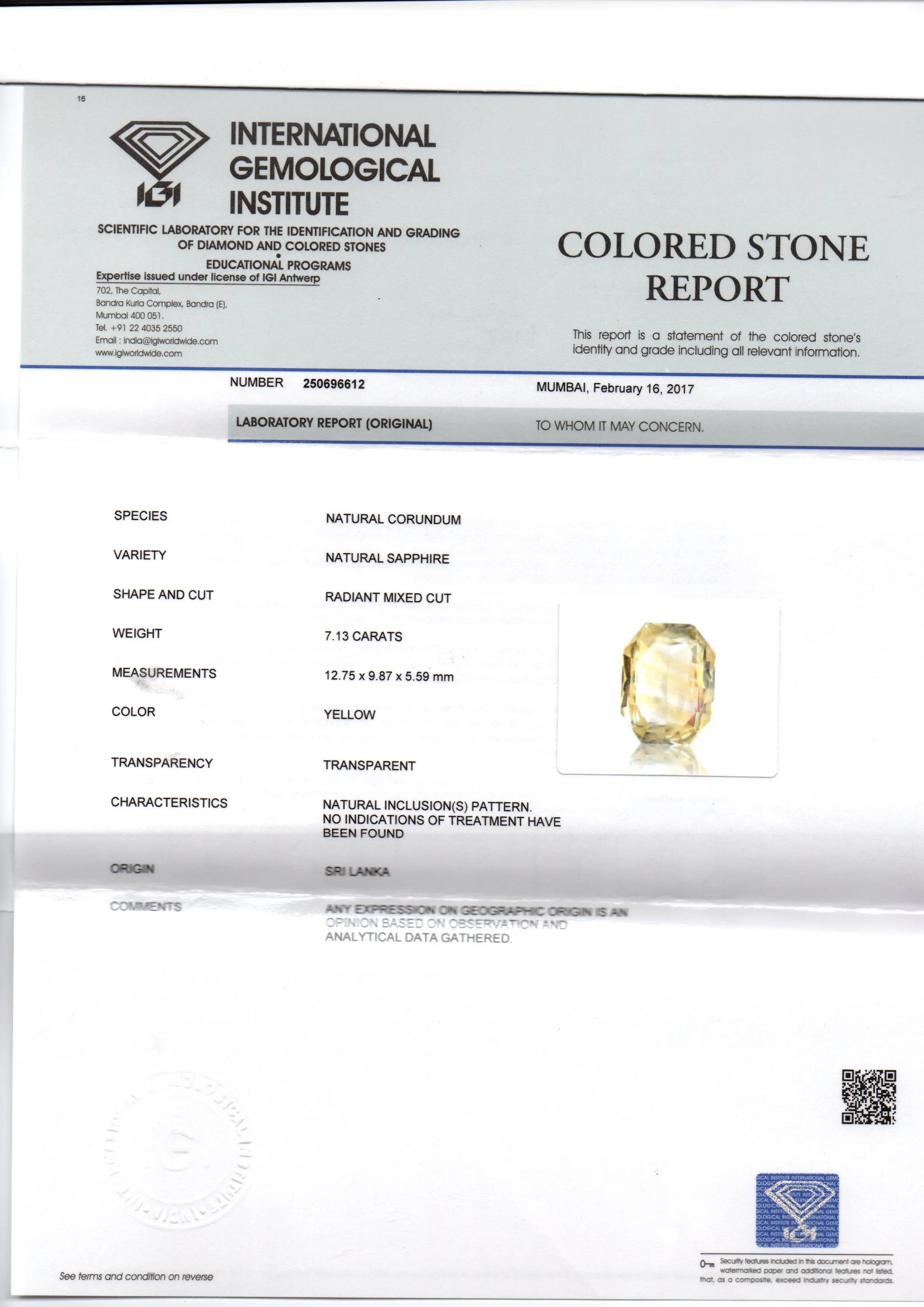7.13 Ct Unheated Untreated Natural Ceylon Yellow Sapphire Gemstone
