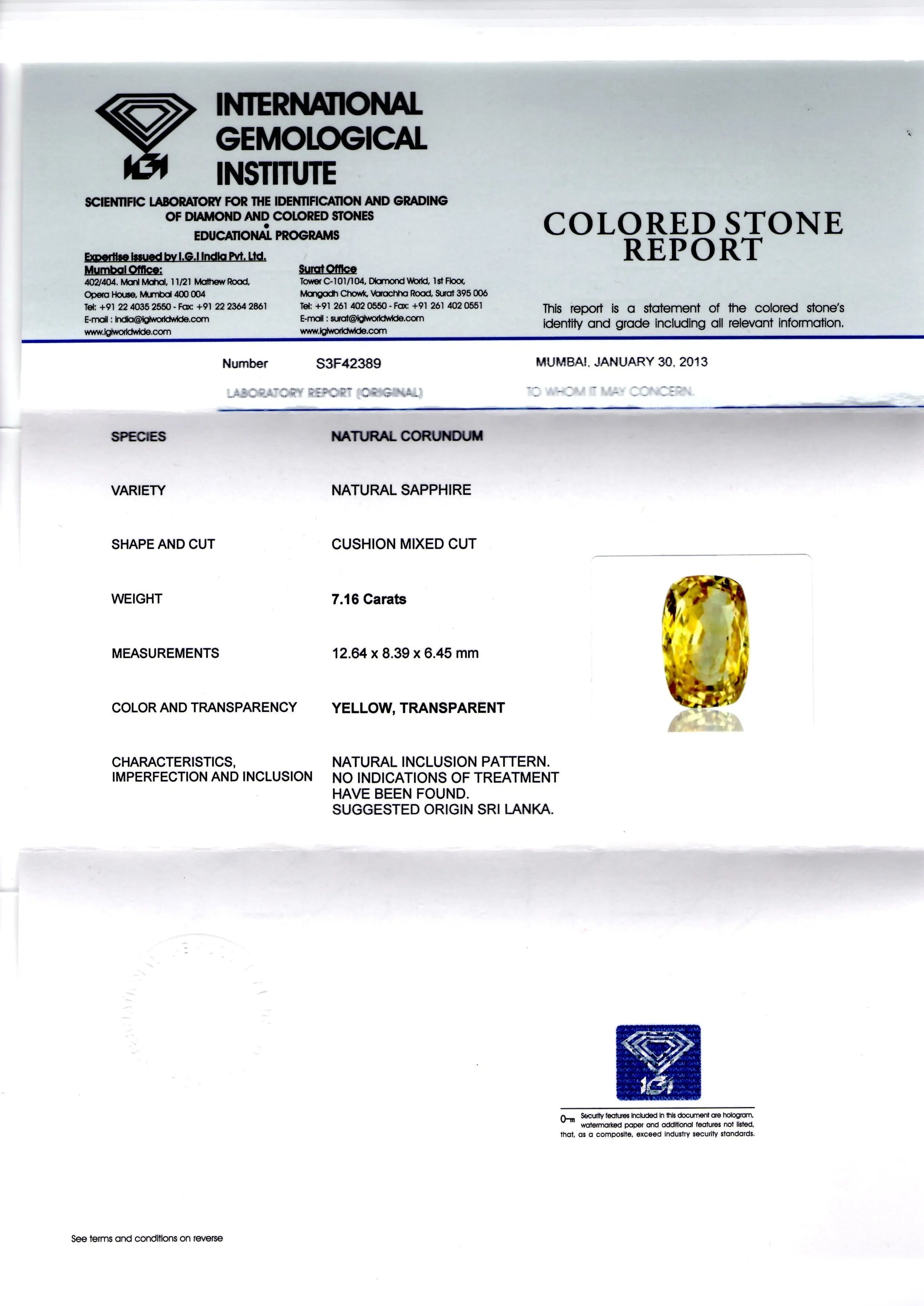 7.16 Ct IGI Certified Unheated Natural Ceylon Yellow Sapphire AAAAA