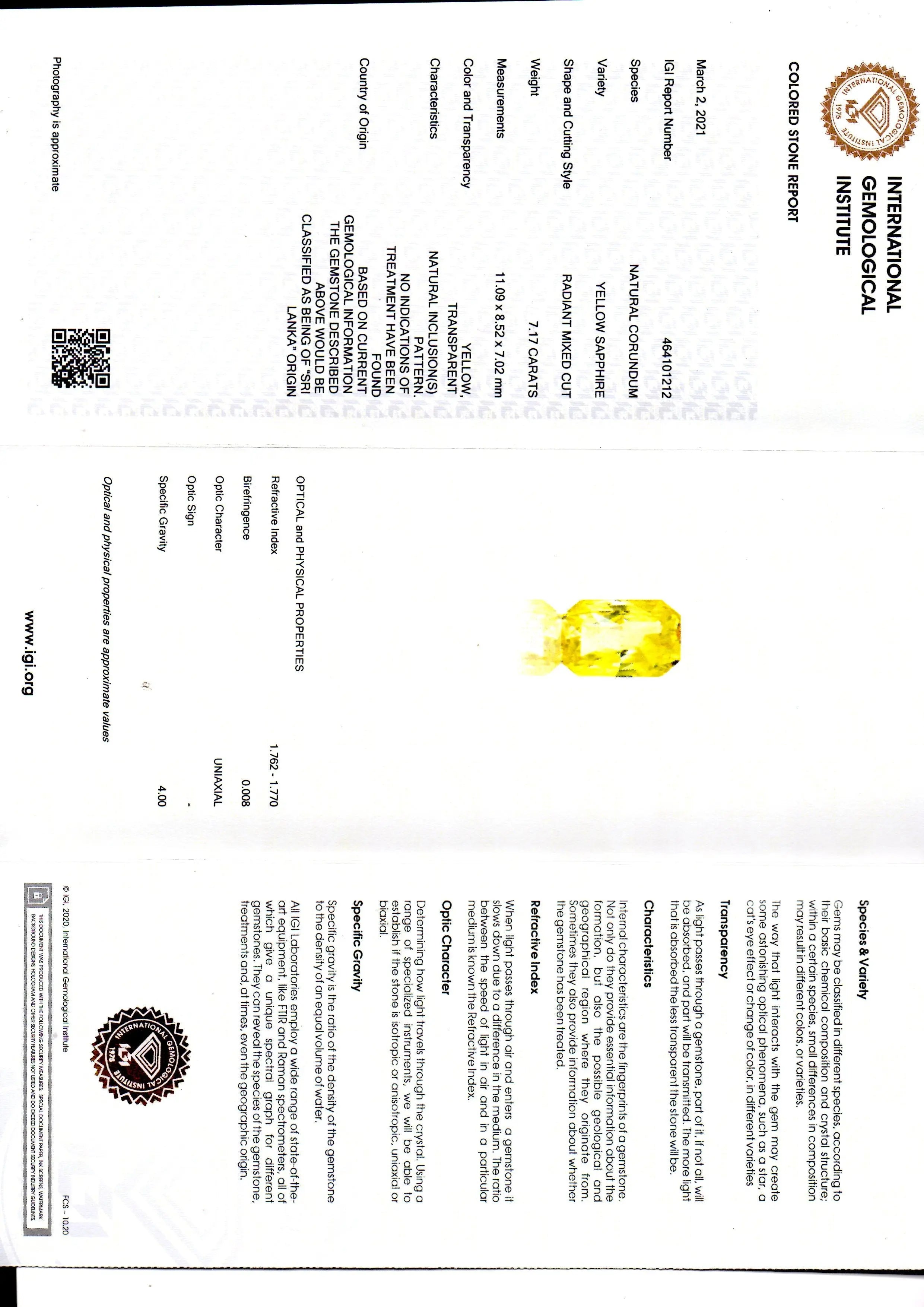 7.17 Ct IGI Certified Unheated Untreated Natural Ceylon Yellow Sapphire