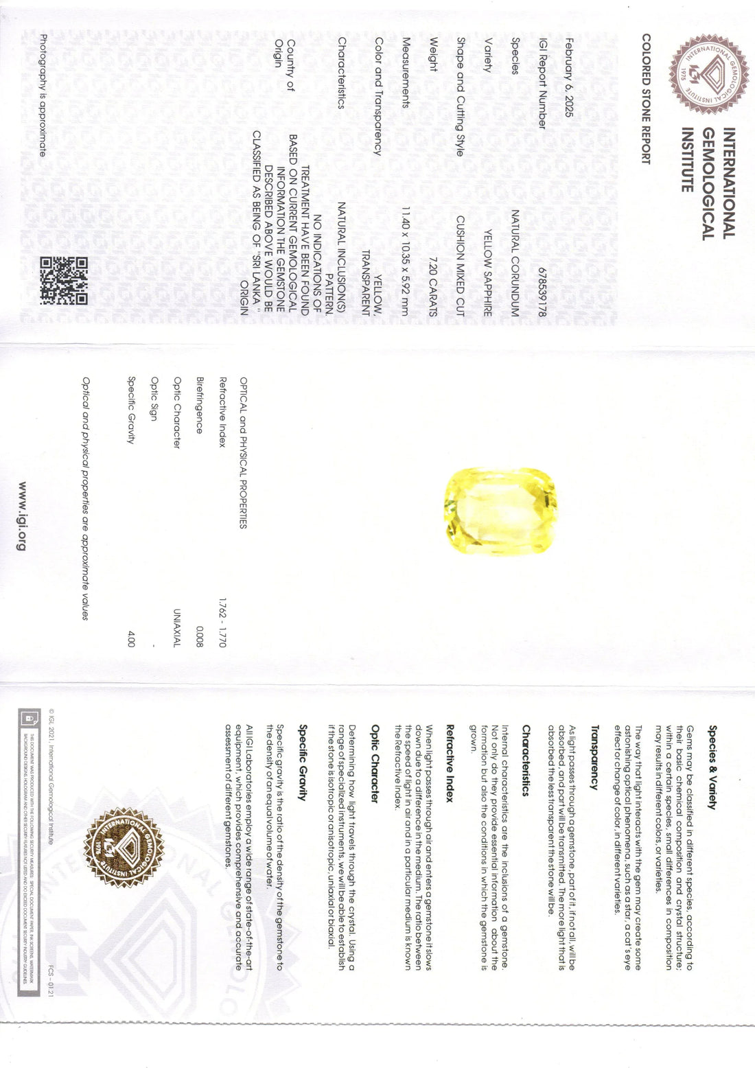 7.20 Ct IGI Certified Unheated Untreated Natural Ceylon Yellow Sapphire - Venus Gems