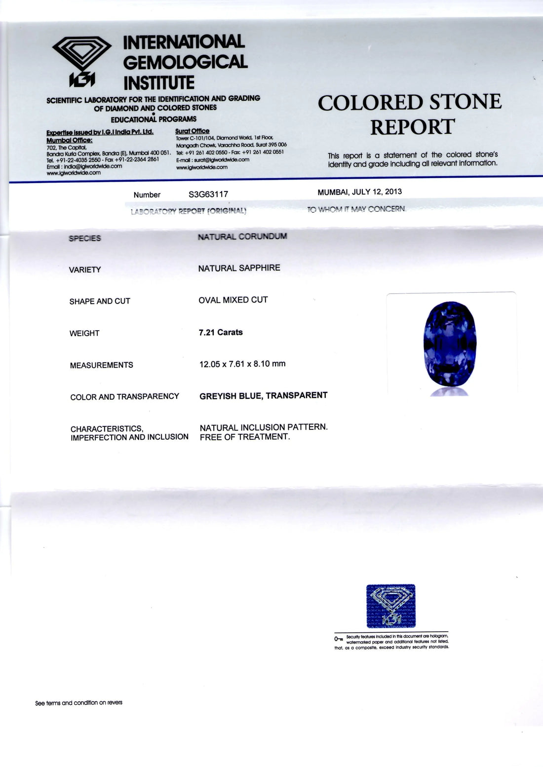 7.21 Ct IGI Certified Unheated Untreated Natural Ceylon Blue Sapphire