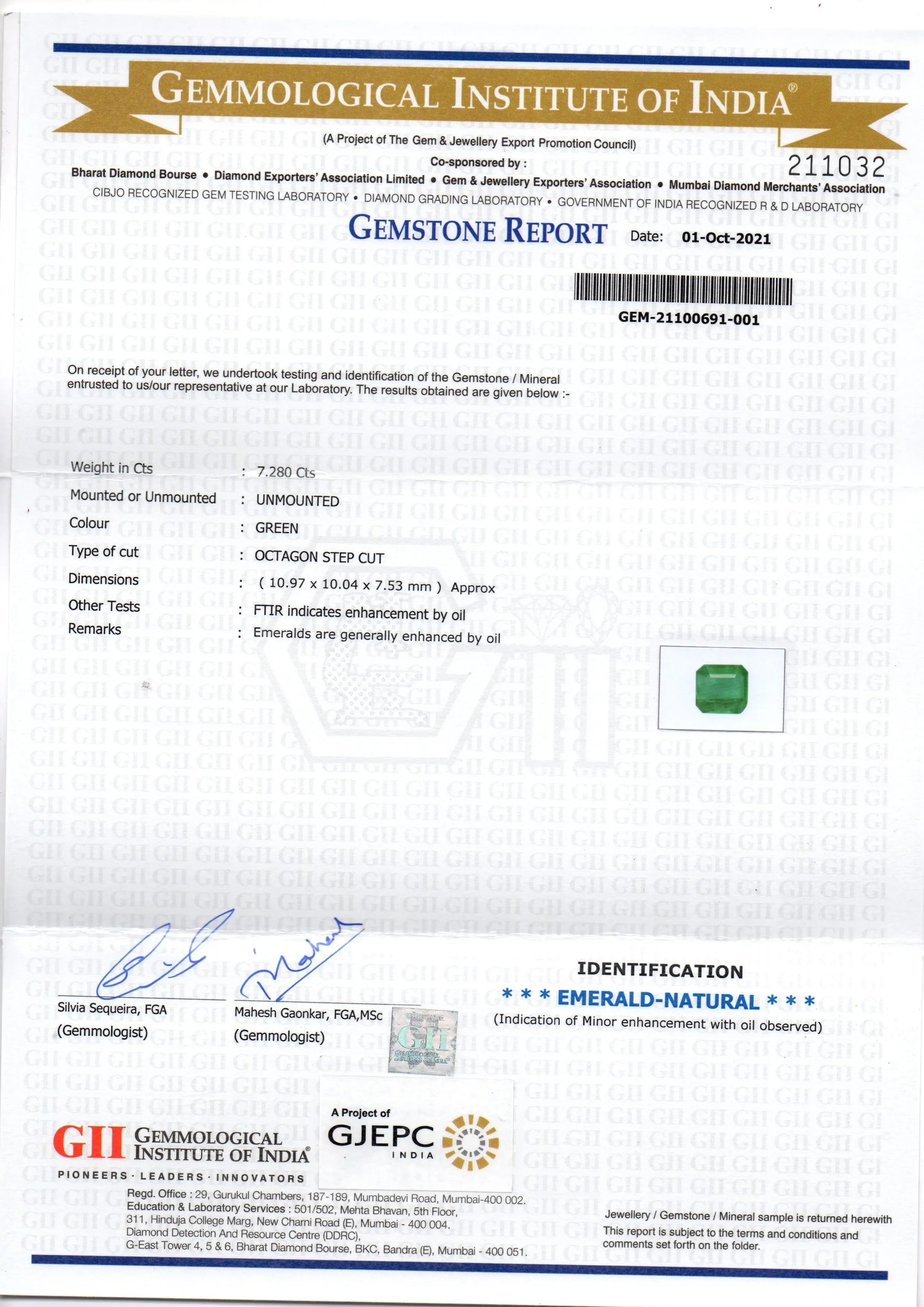 7.28 Ct GII Certified Untreated Natural Zambian Emerald Gemstone AAA - Venus Gems