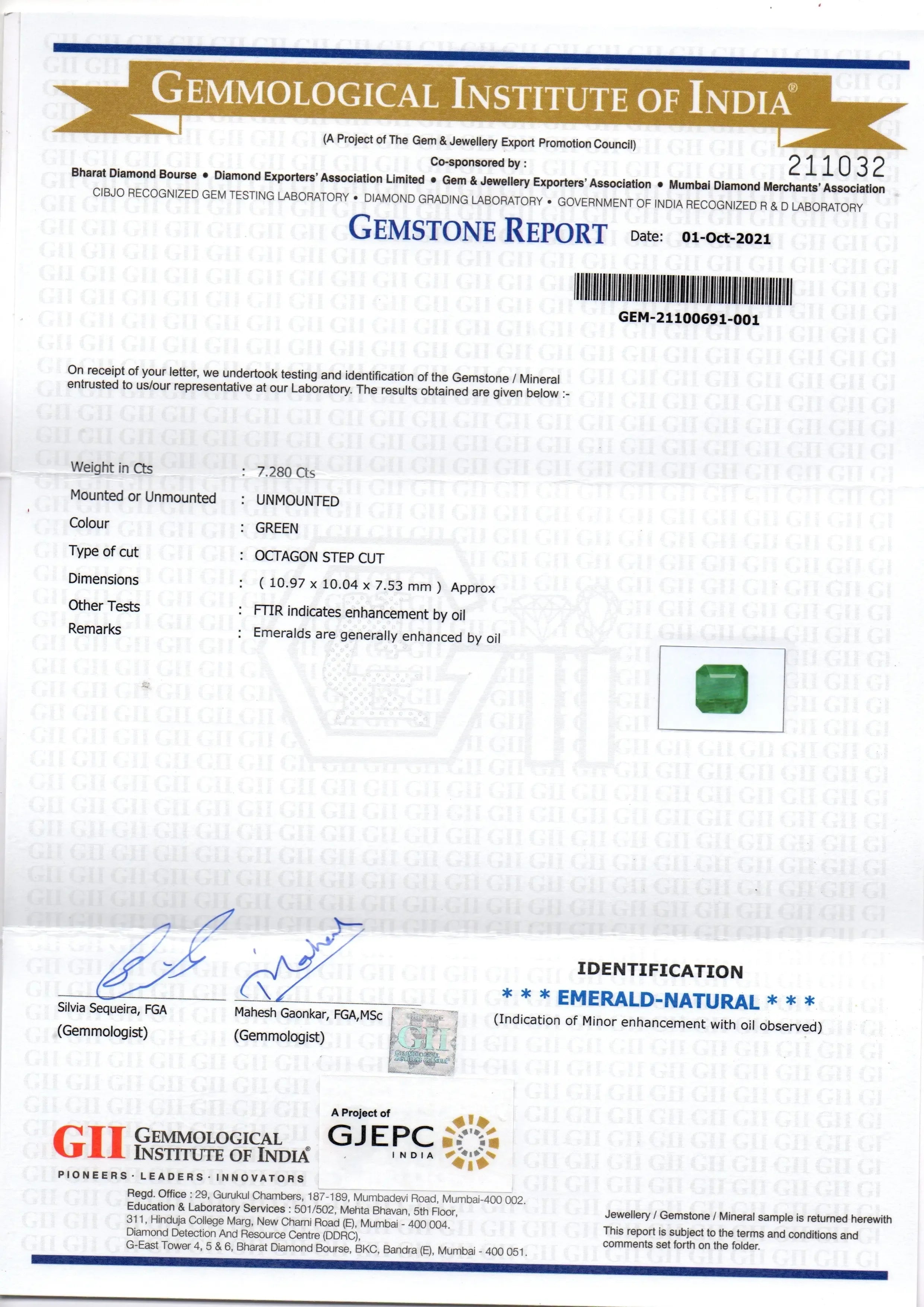 7.28 Ct GII Certified Untreated Natural Zambian Emerald Gemstone AAA - Venus Gems