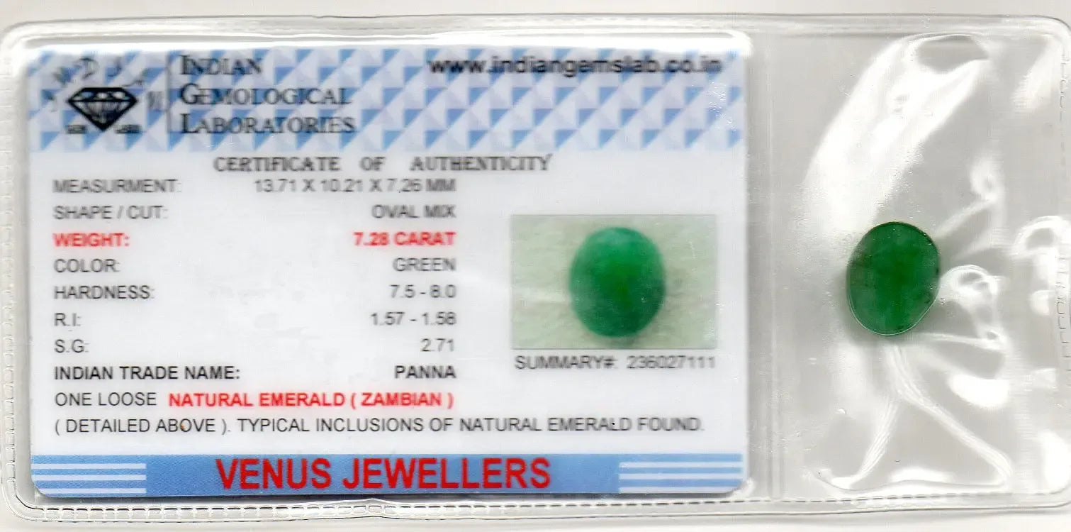 7.28 Ct Certified Untreated Natural Zambian Emerald Panna Gemstone - Venus Gems