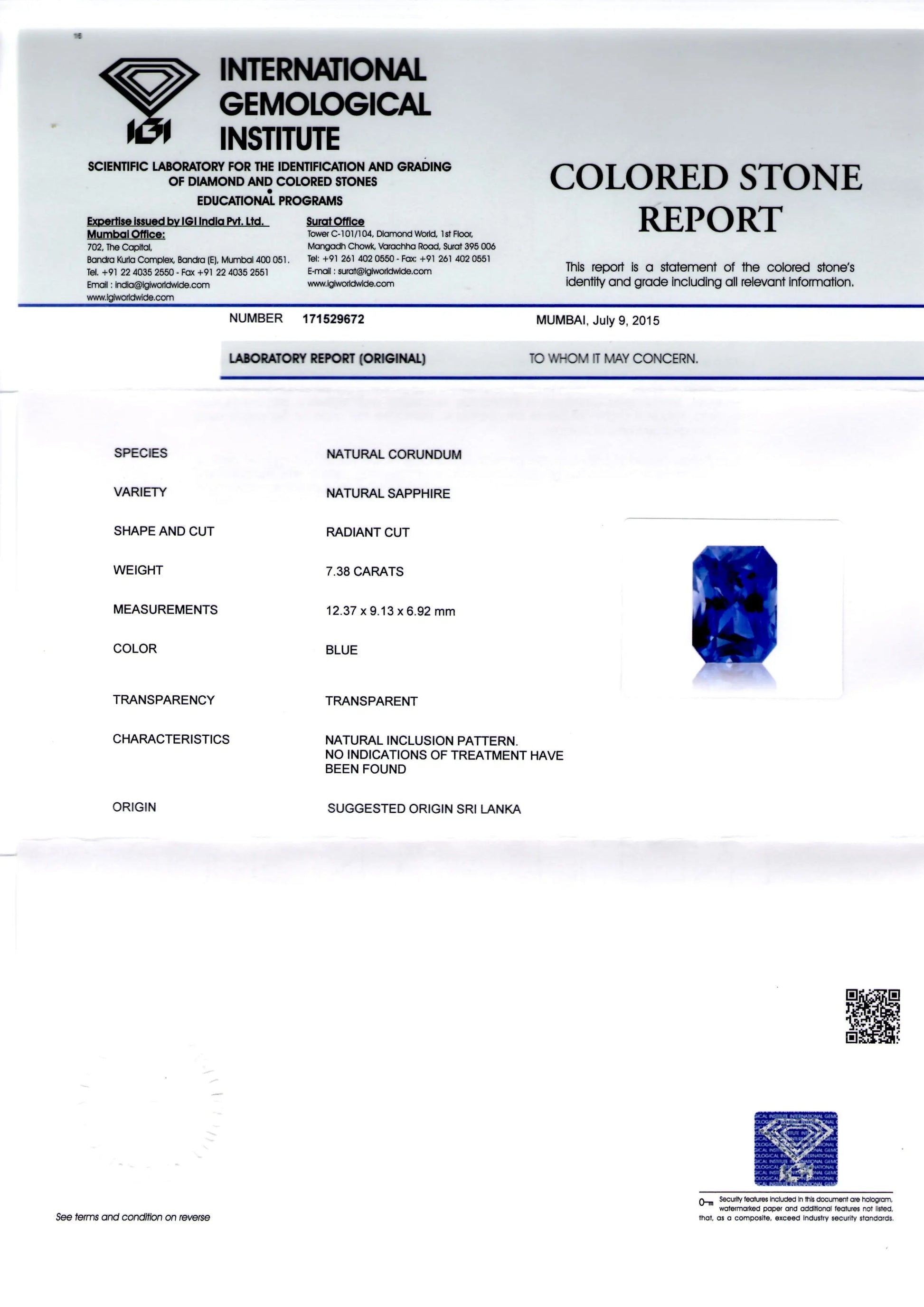 7.38 Ct Royal Blue Unheated Untreated Natural Ceylon Blue Sapphire AA