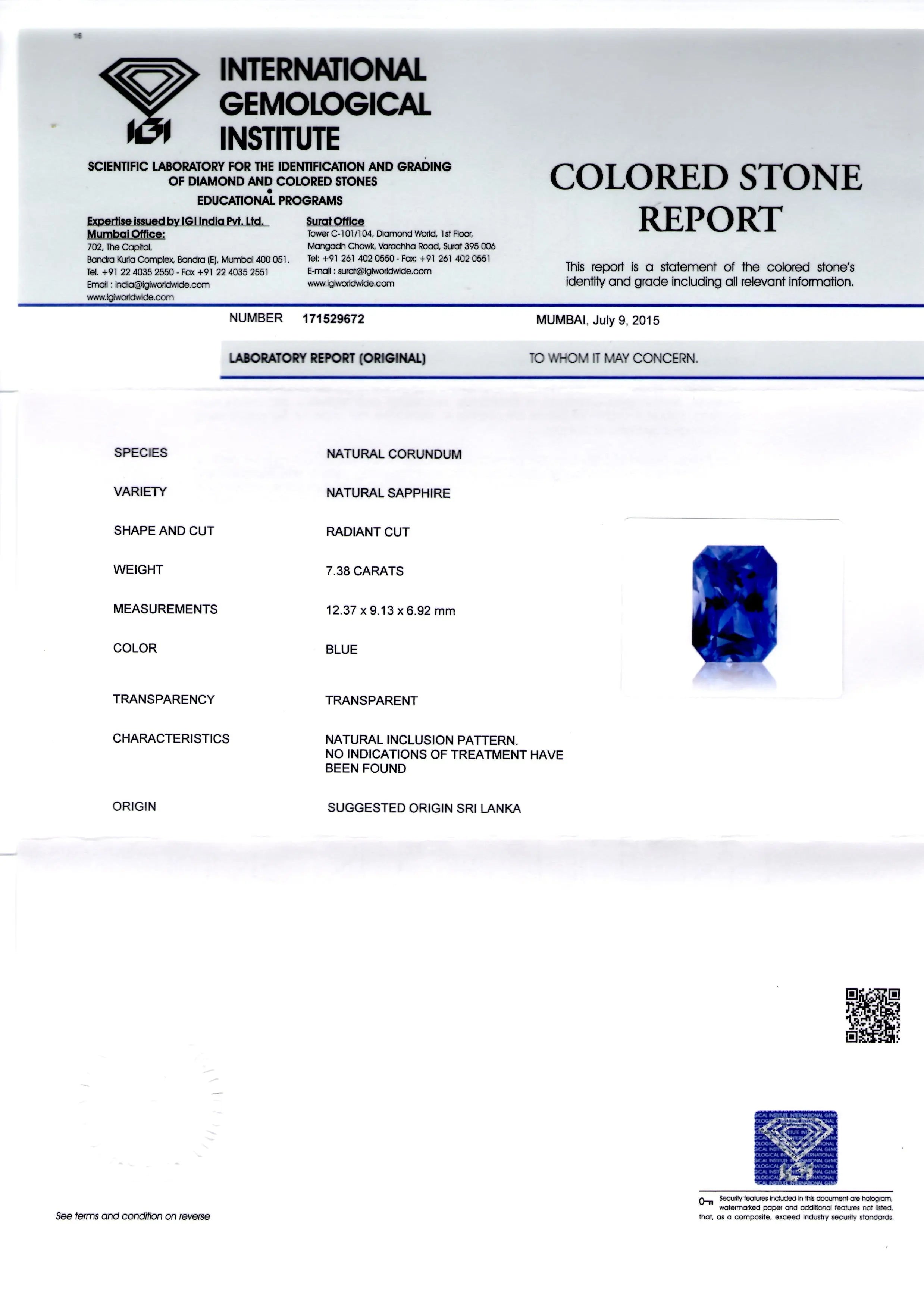 7.38 Ct Royal Blue Unheated Untreated Natural Ceylon Blue Sapphire AA