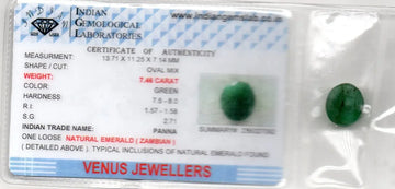 7.46 Ct Certified Untreated Natural Zambian Emerald Panna Gemstone - Venus Gems