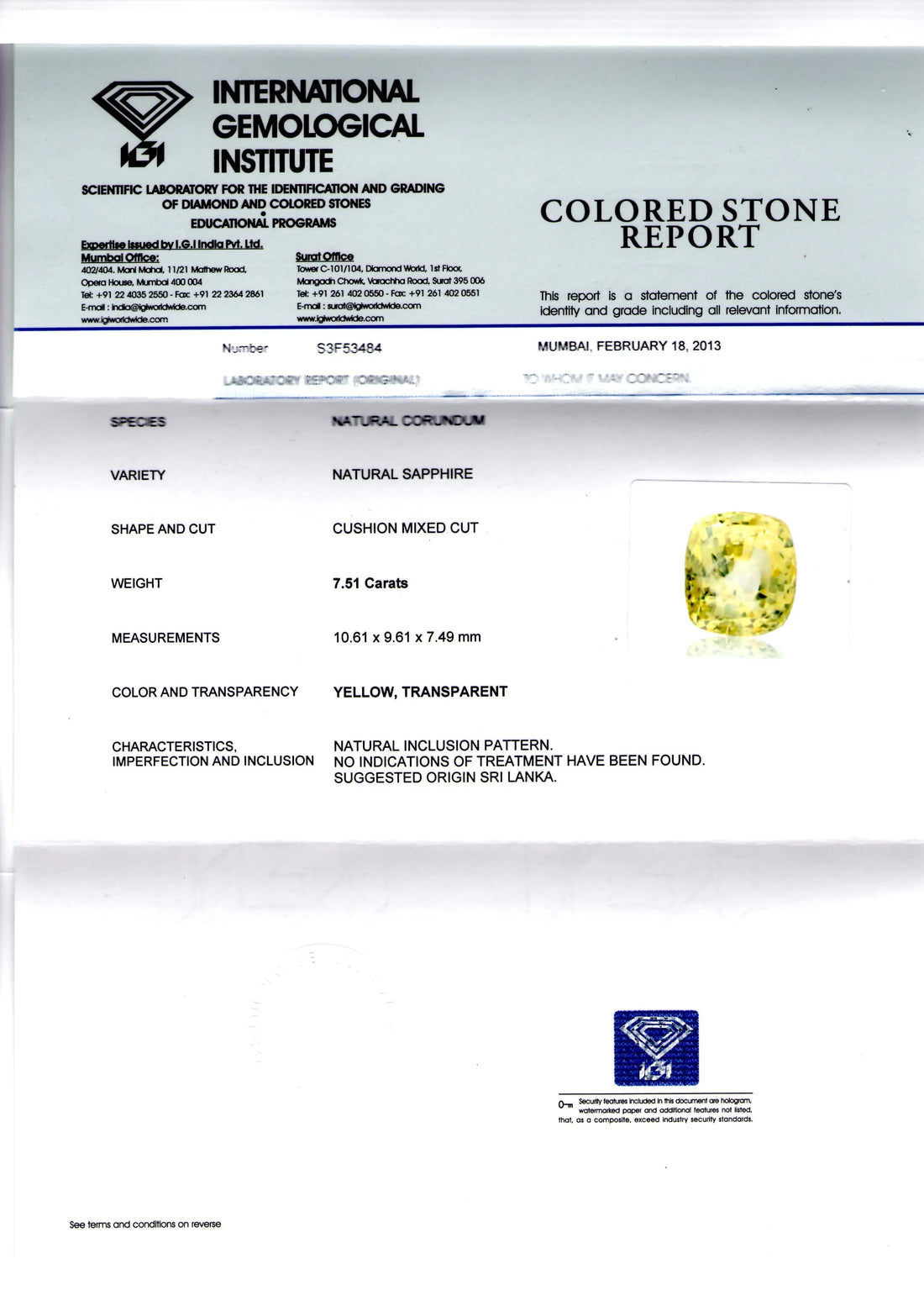 7.51 Ct IGI Certified Unheated Natural Ceylon Yellow Sapphire