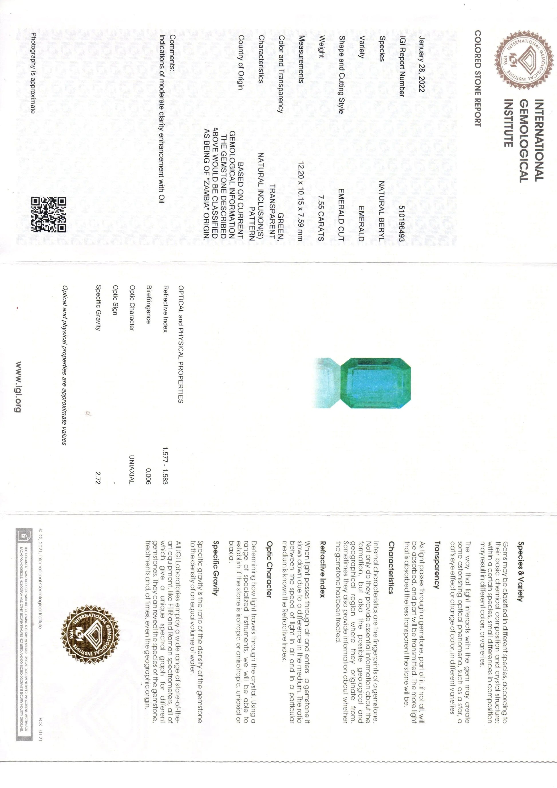 7.55 Ct IGI Certified Untreated Natural Zambian Emerald Gemstone AAA